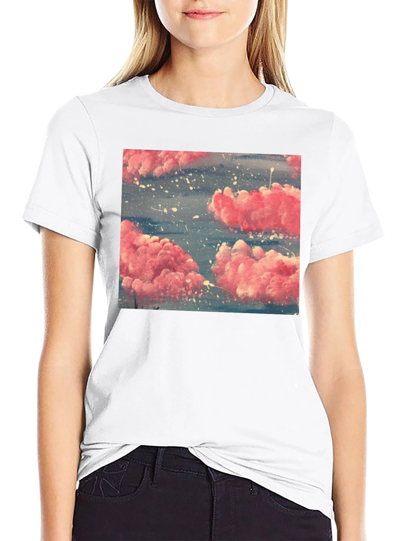 Pink Cloud Art Black T-Shirt