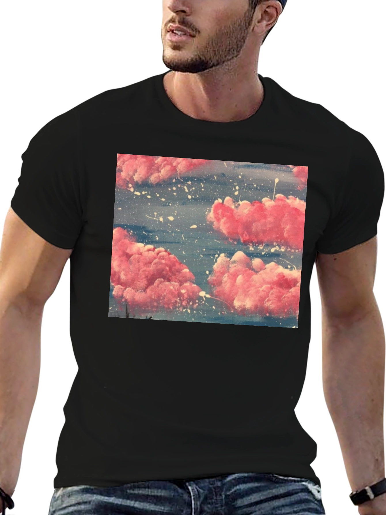 Pink Cloud Art Black T-Shirt