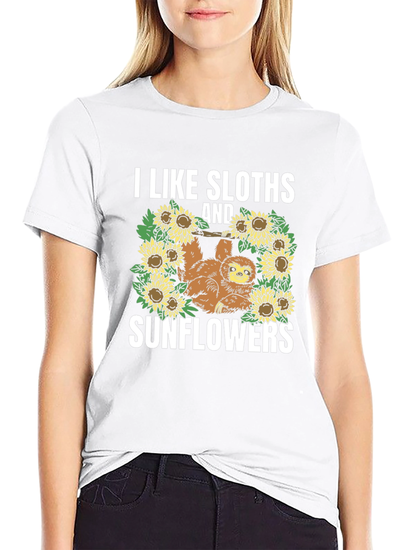 Sloth & Sunflower Graphic Tee - Black Cotton T-Shirt