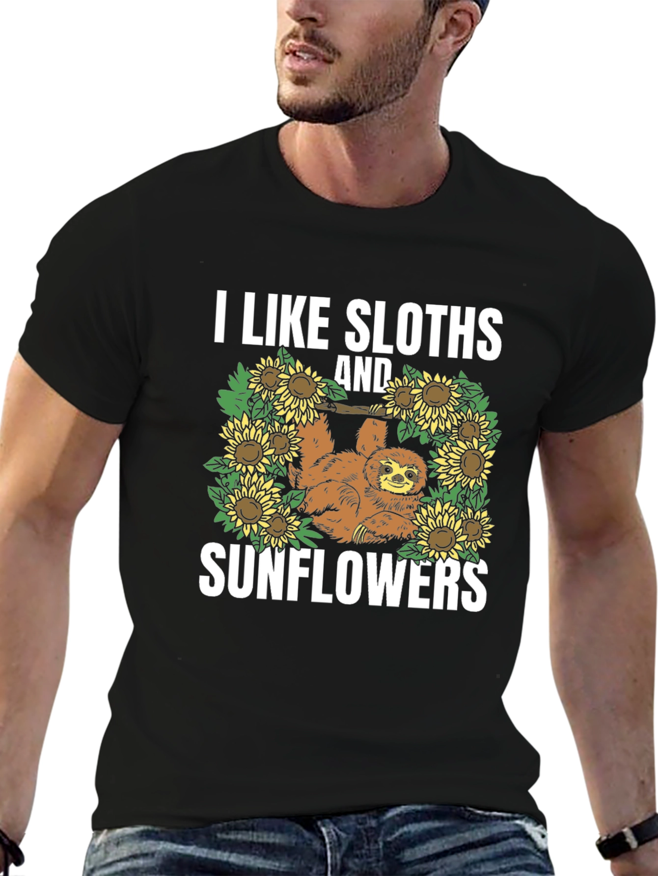 Sloth & Sunflower Graphic Tee - Black Cotton T-Shirt