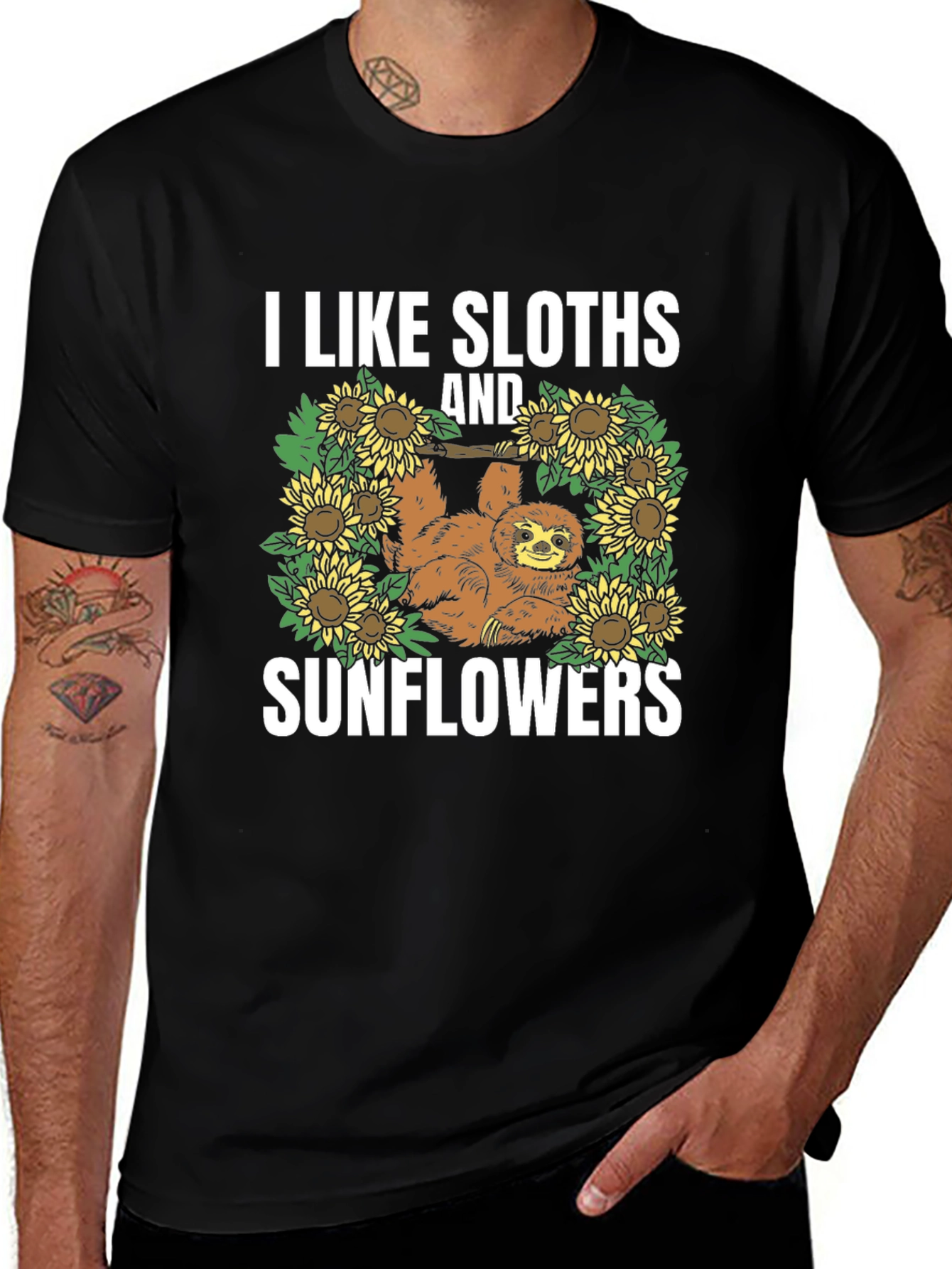 Sloth & Sunflower Graphic Tee - Black Cotton T-Shirt