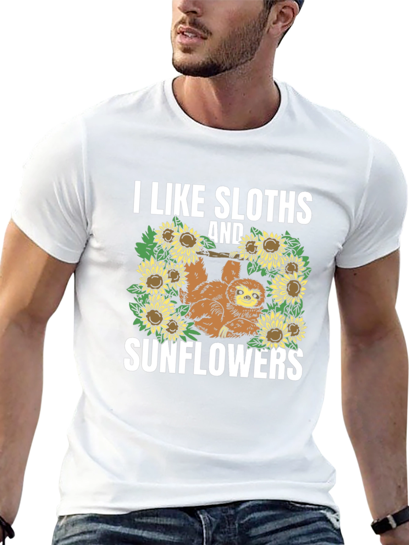Sloth & Sunflower Graphic Tee - Black Cotton T-Shirt