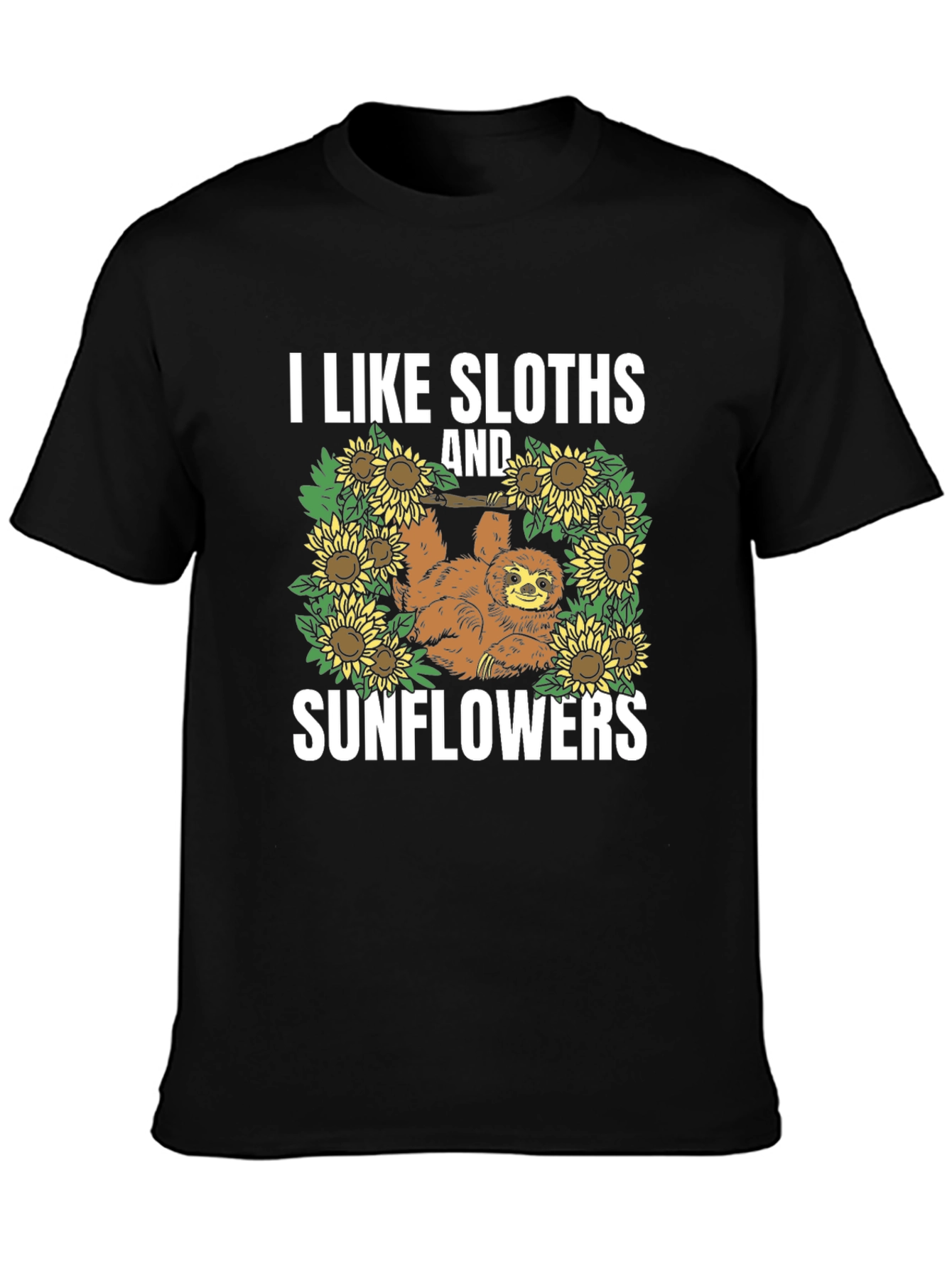 Sloth & Sunflower Graphic Tee - Black Cotton T-Shirt