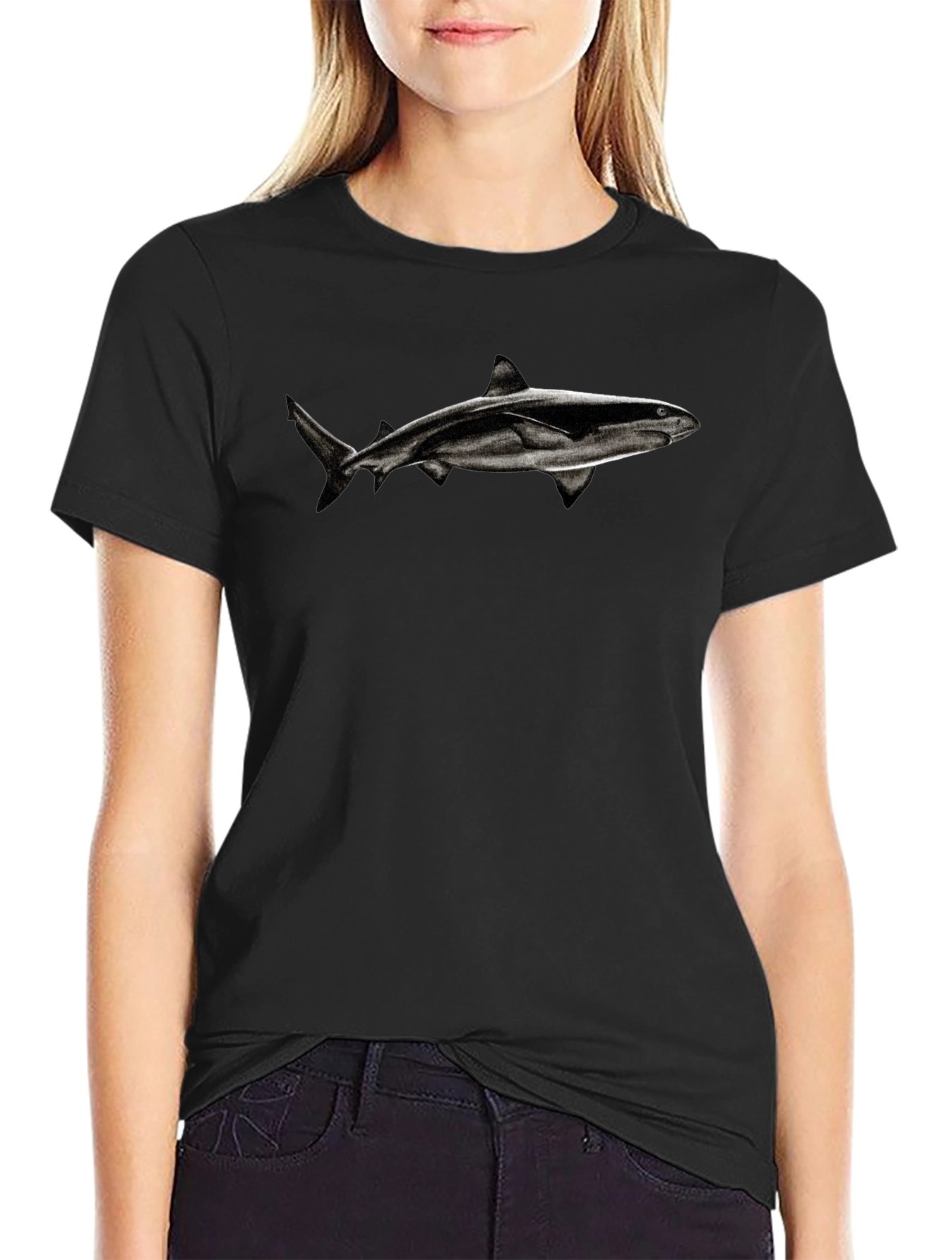 Shark Graphic Tee - Black Cotton Blend T-Shirt