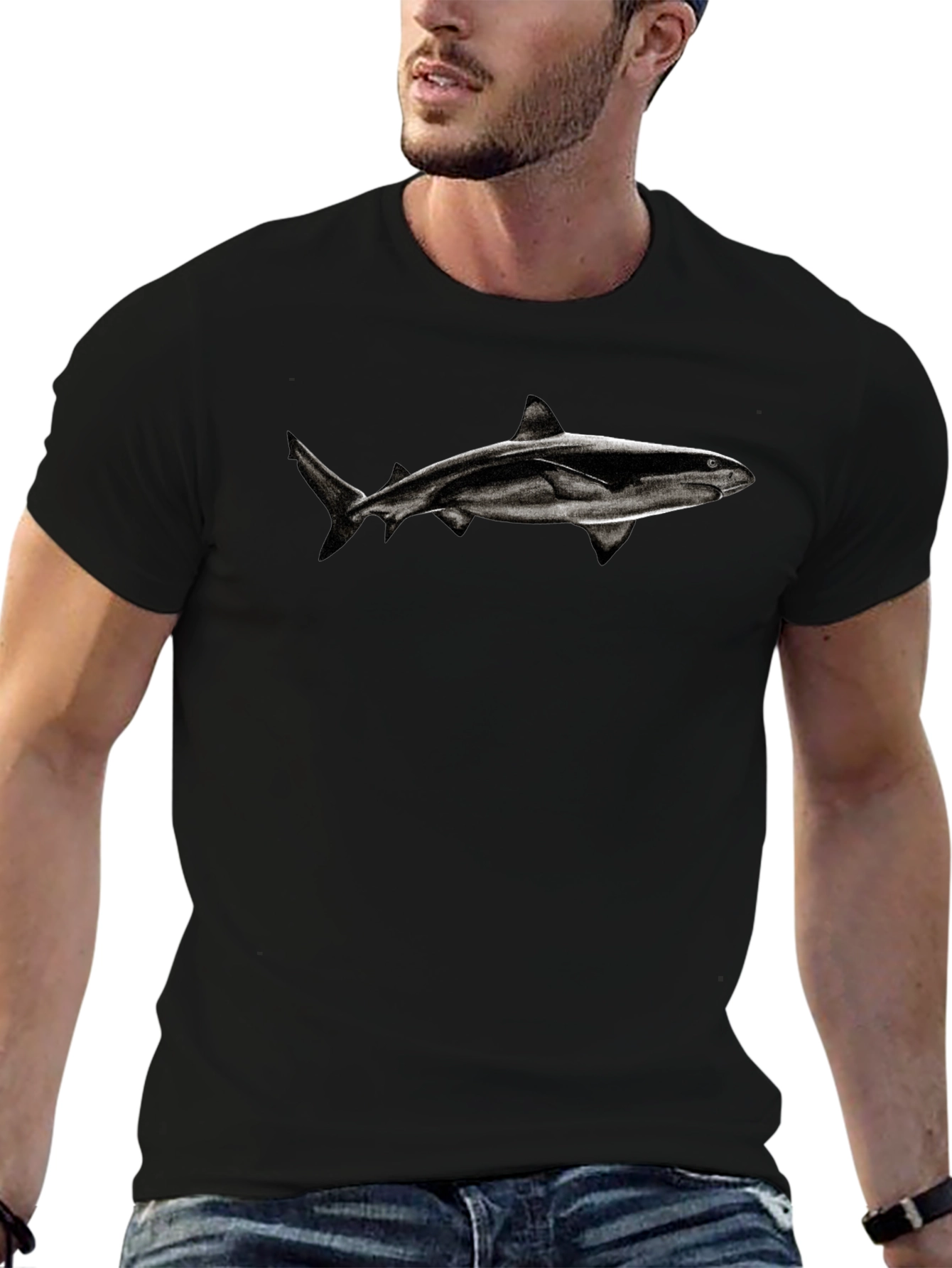 Shark Graphic Tee - Black Cotton Blend T-Shirt