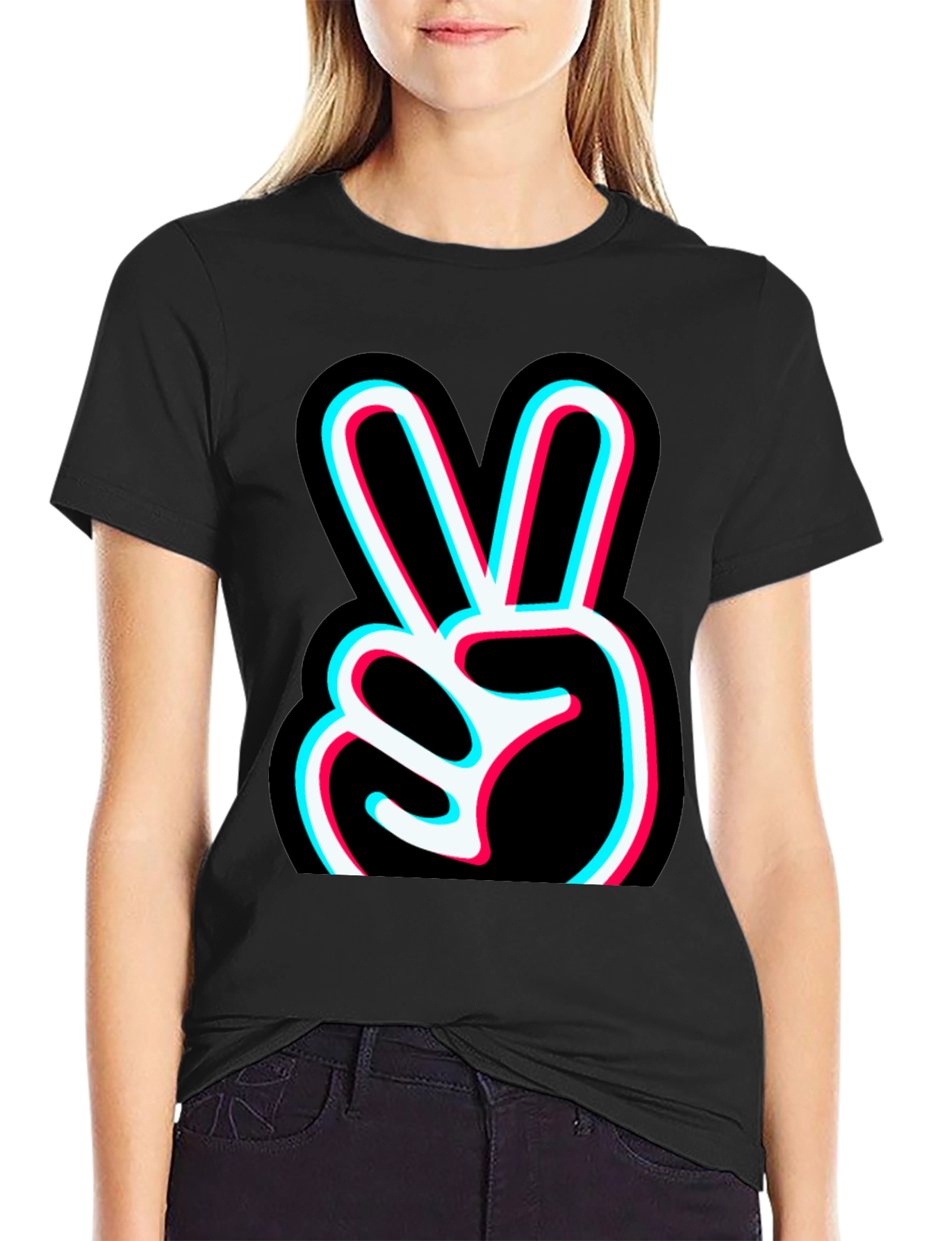 Peace Sign Glitch Graphic Tee - Black Cotton T-Shirt