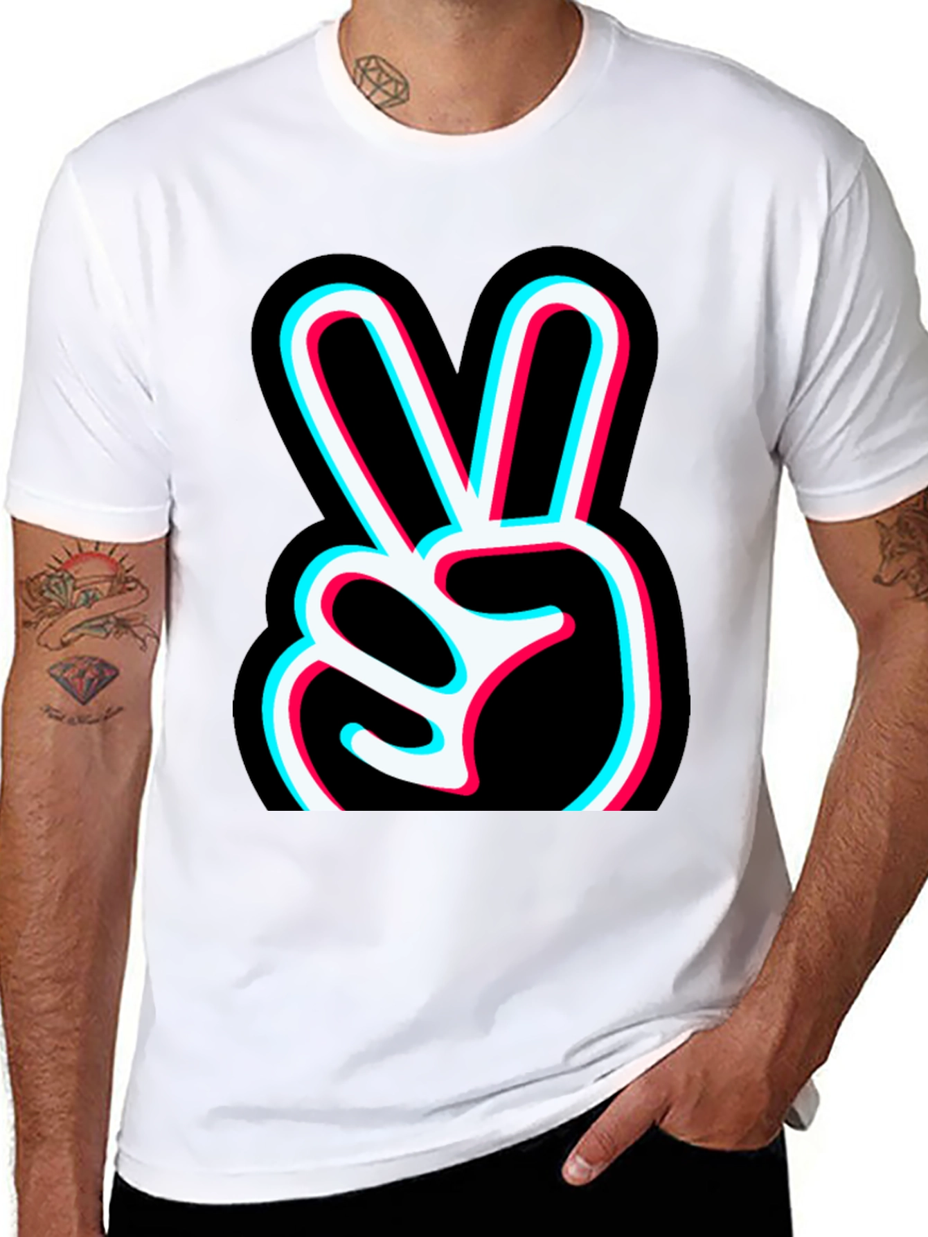 Peace Sign Glitch Graphic Tee - Black Cotton T-Shirt