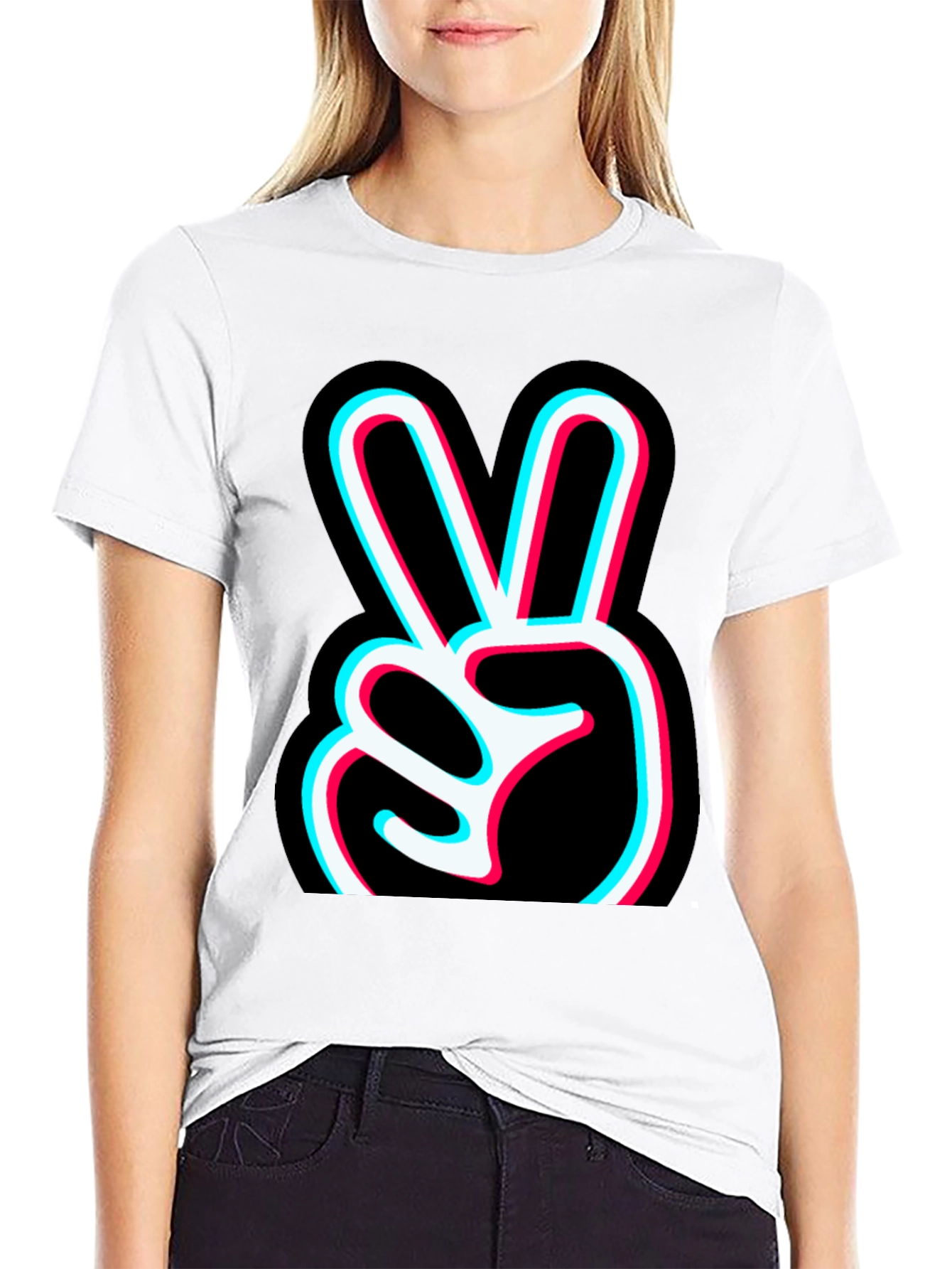 Peace Sign Glitch Graphic Tee - Black Cotton T-Shirt