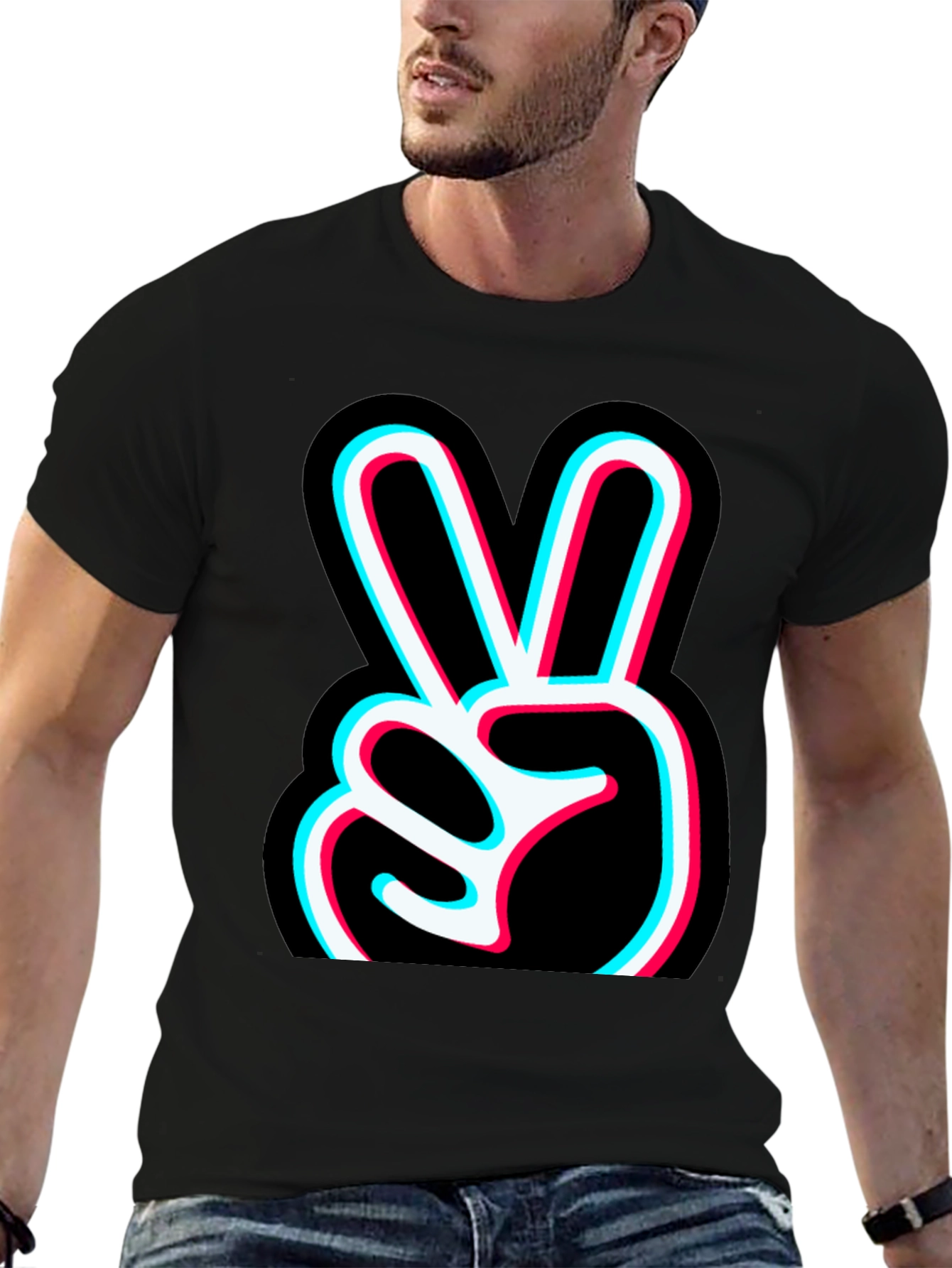 Peace Sign Glitch Graphic Tee - Black Cotton T-Shirt