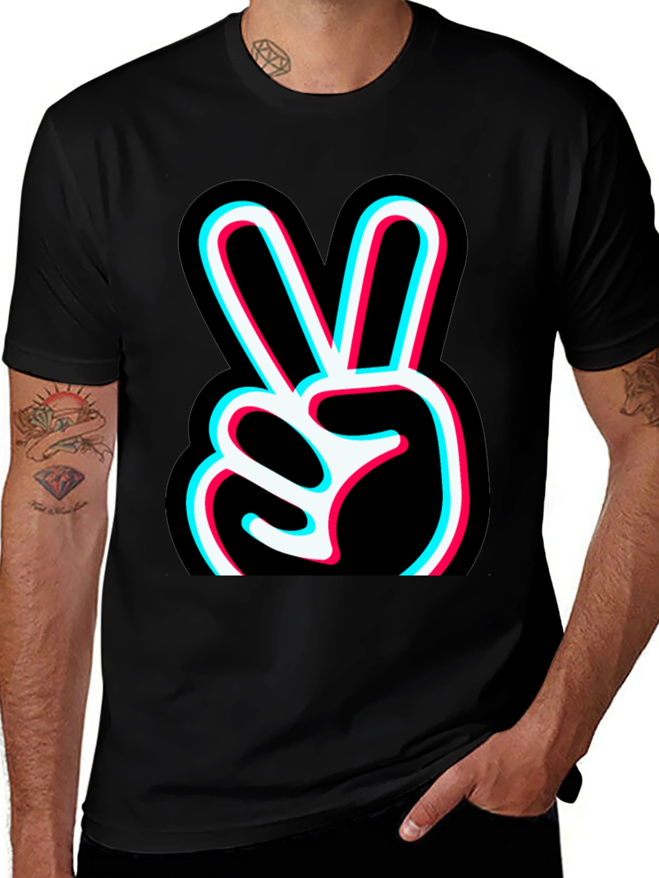 Peace Sign Glitch Graphic Tee - Black Cotton T-Shirt