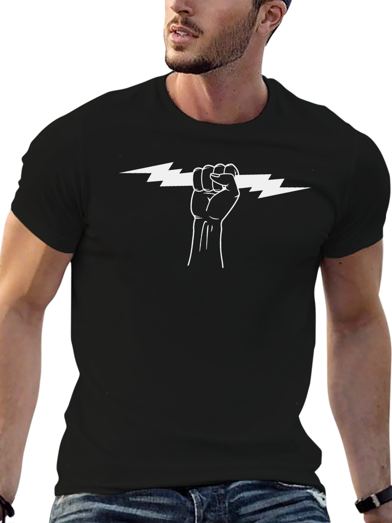 Lightning Bolt Fist Graphic Tee - Black Cotton T-Shirt