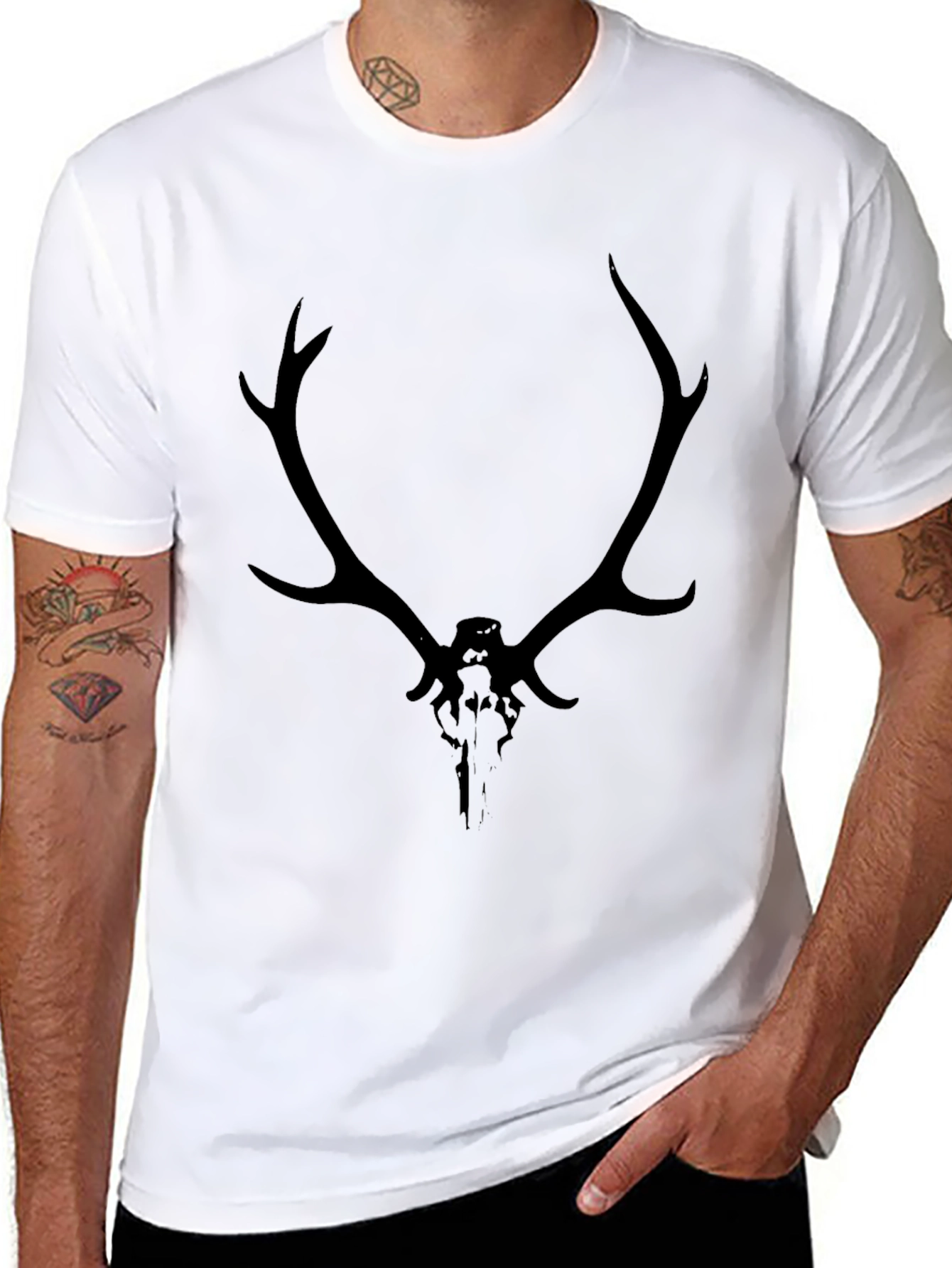 Mens Black Deer Skull Graphic T-Shirt