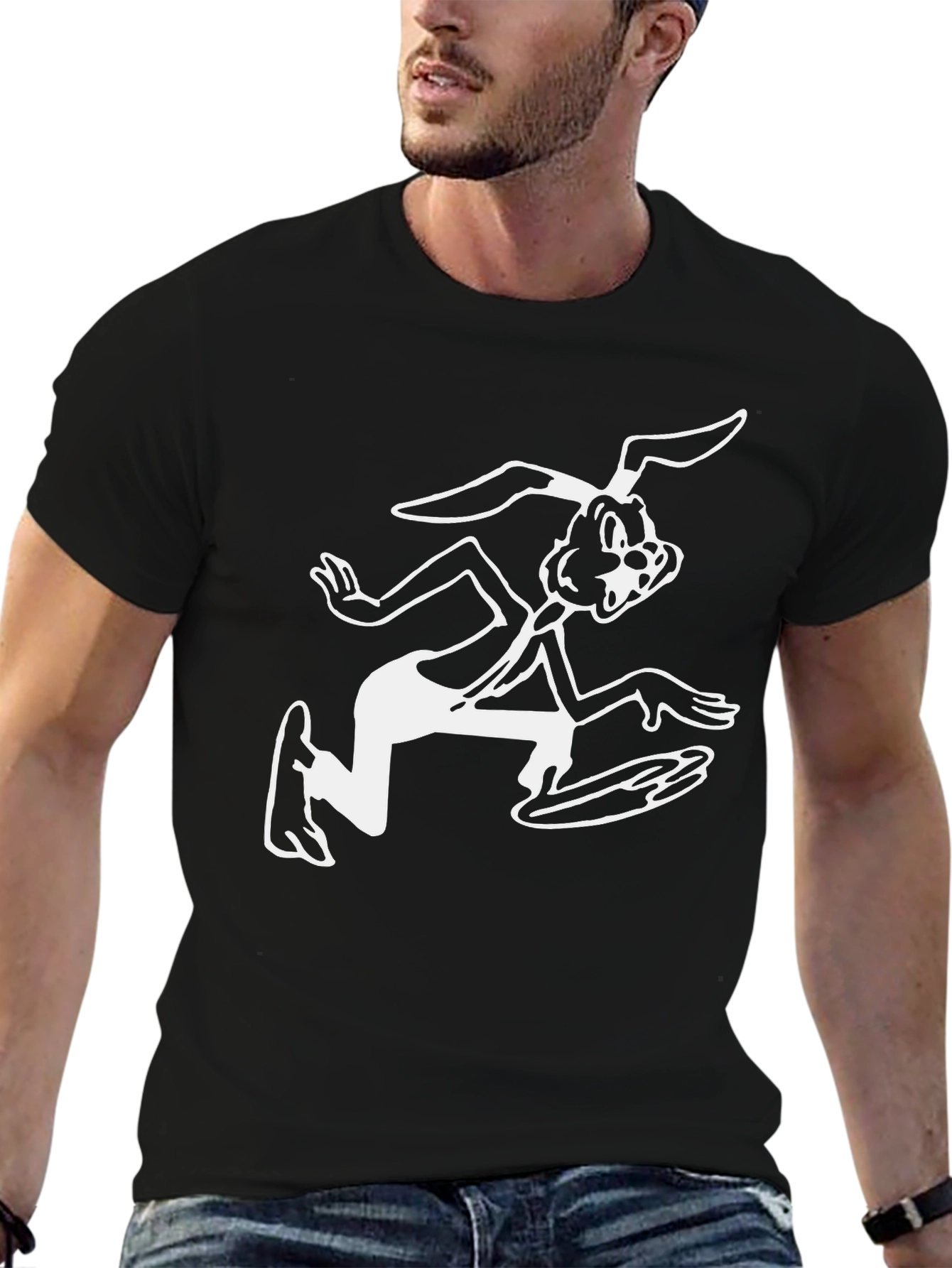 Black T-Shirt with Cartoon Rabbit Graphic