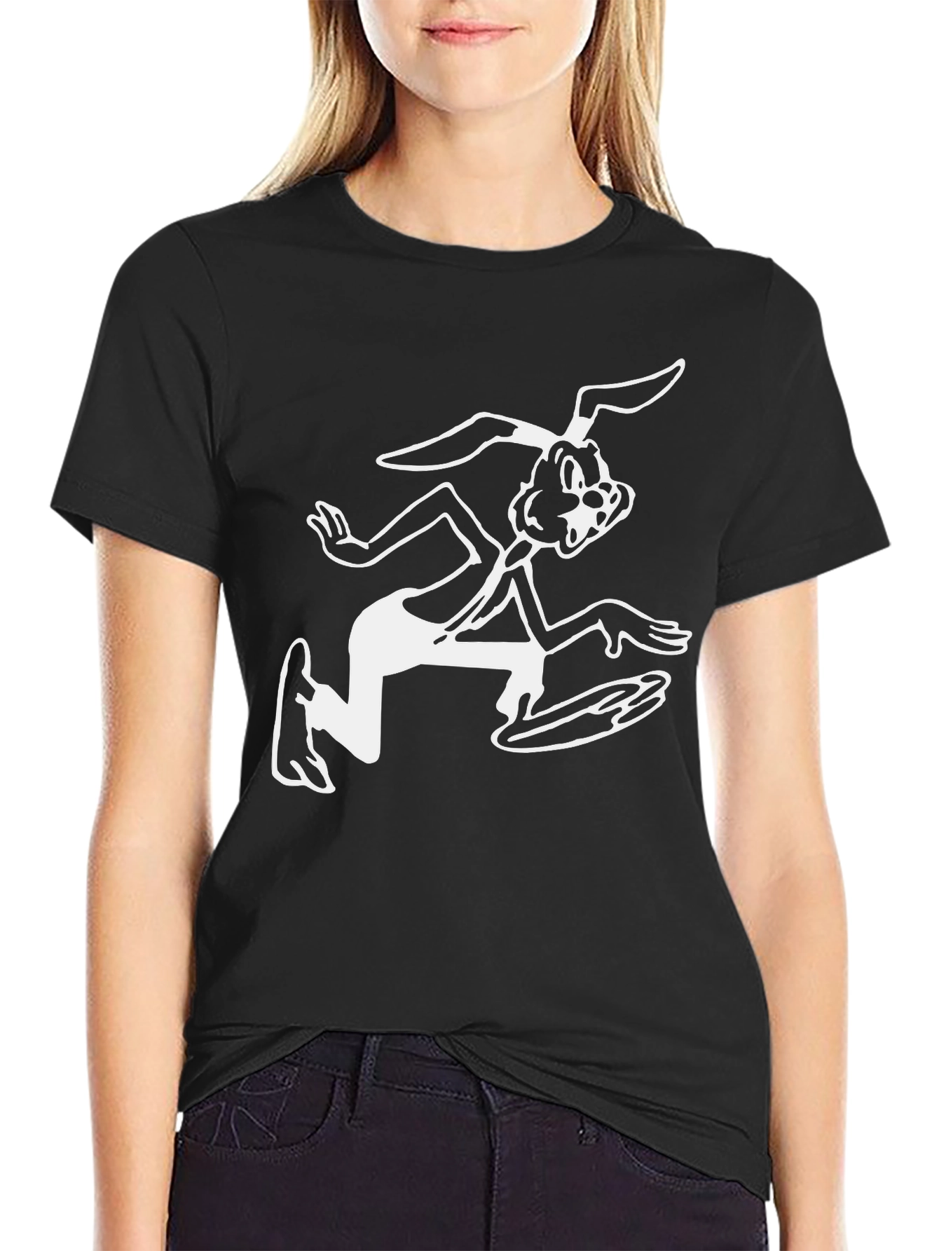 Black T-Shirt with Cartoon Rabbit Graphic