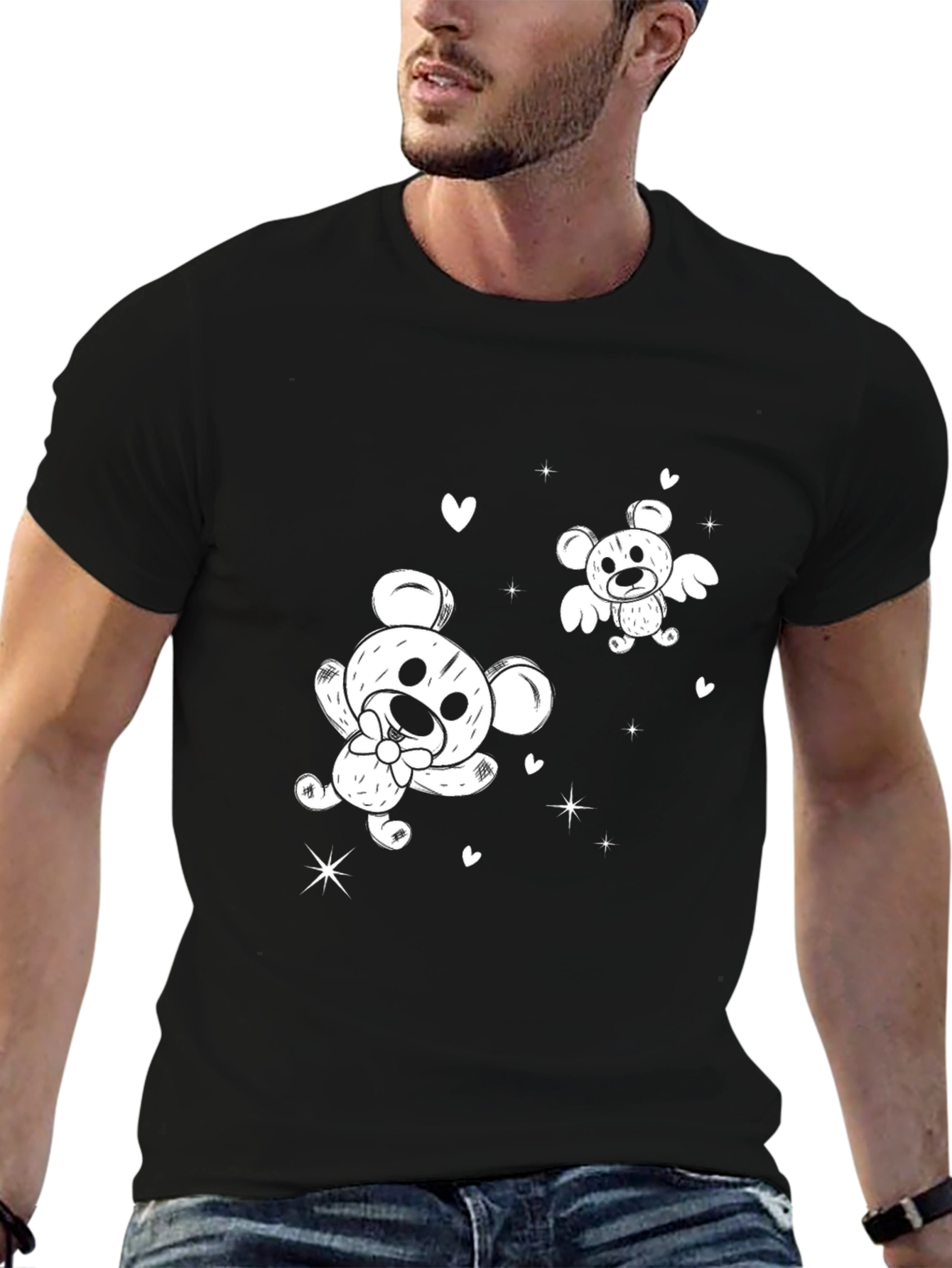 Cute Cartoon Bear Graphic Black T-Shirt