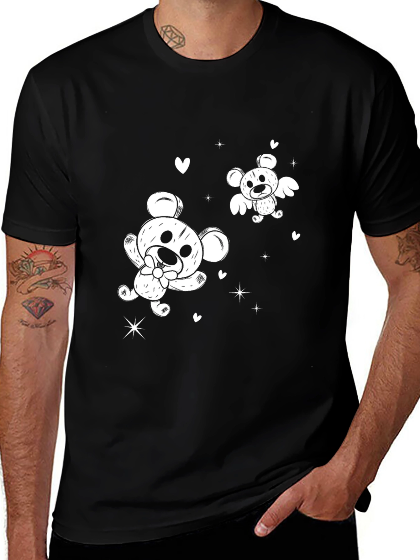 Cute Cartoon Bear Graphic Black T-Shirt