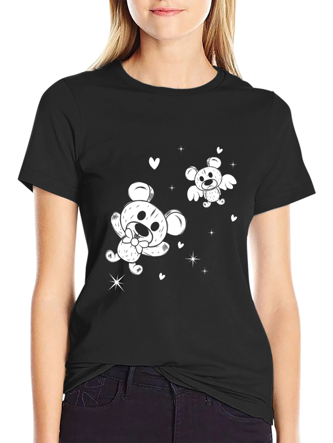Cute Cartoon Bear Graphic Black T-Shirt