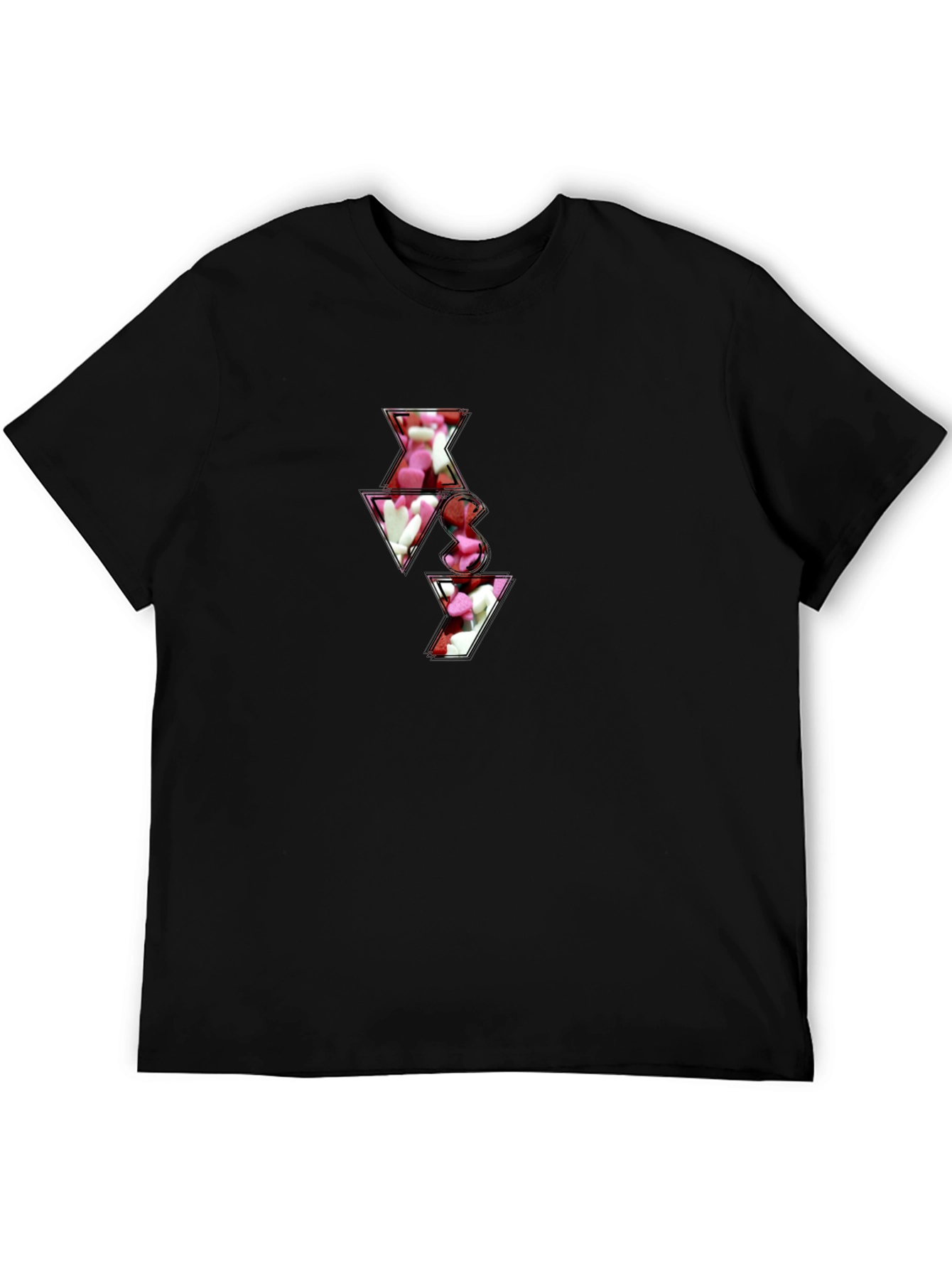 Black T-Shirt with Abstract Heart Candy Design