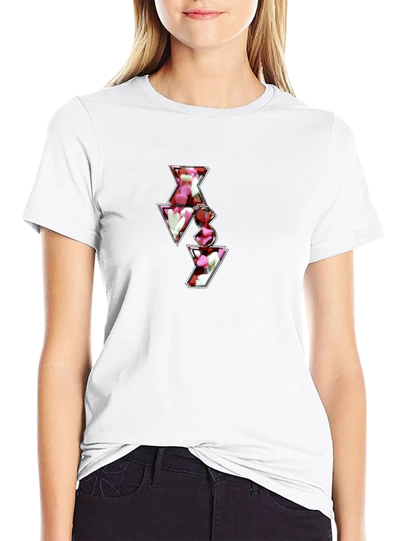 Black T-Shirt with Abstract Heart Candy Design