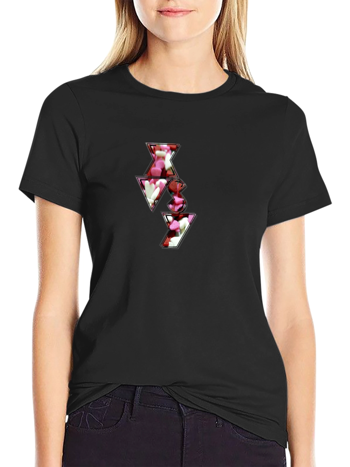 Black T-Shirt with Abstract Heart Candy Design