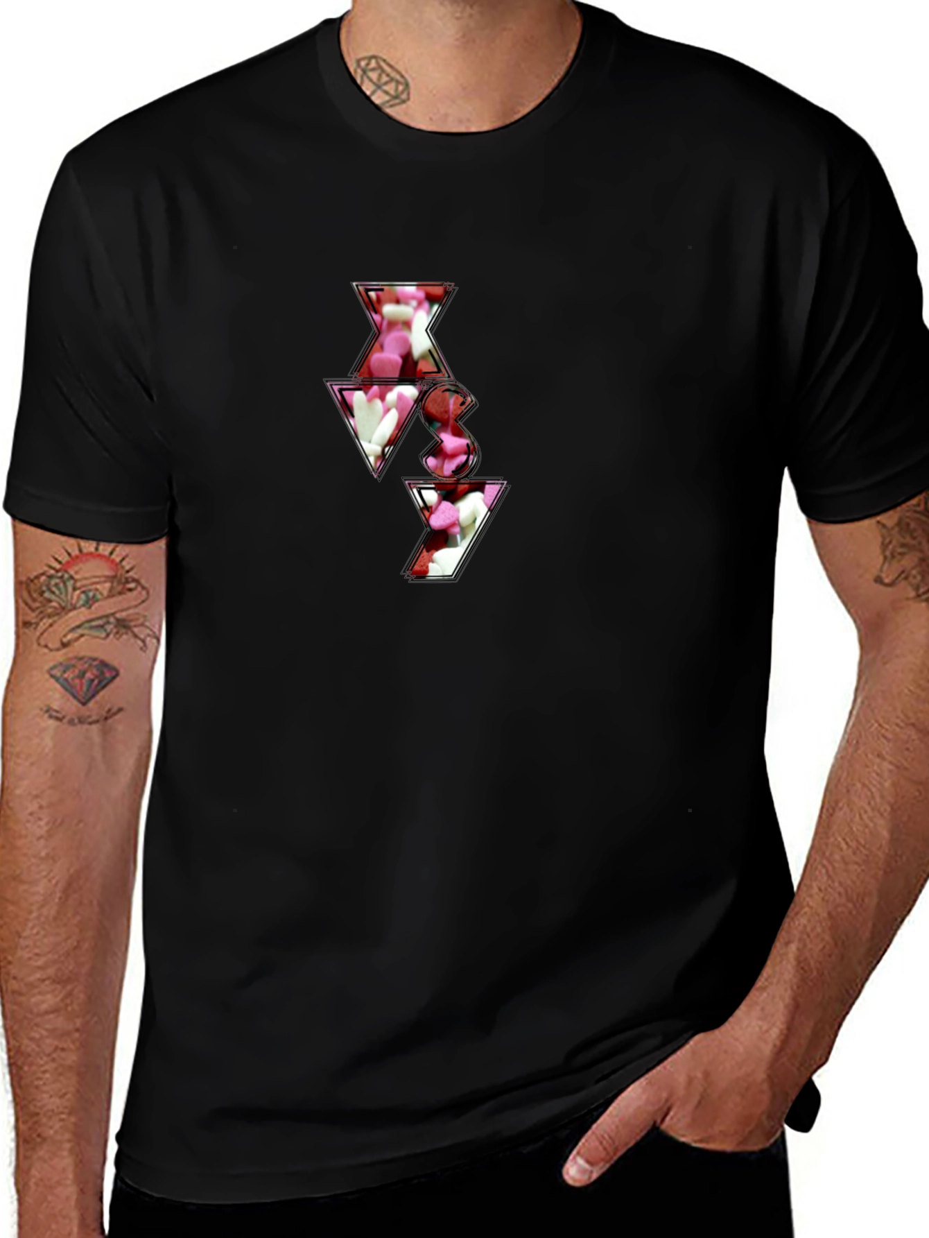 Black T-Shirt with Abstract Heart Candy Design