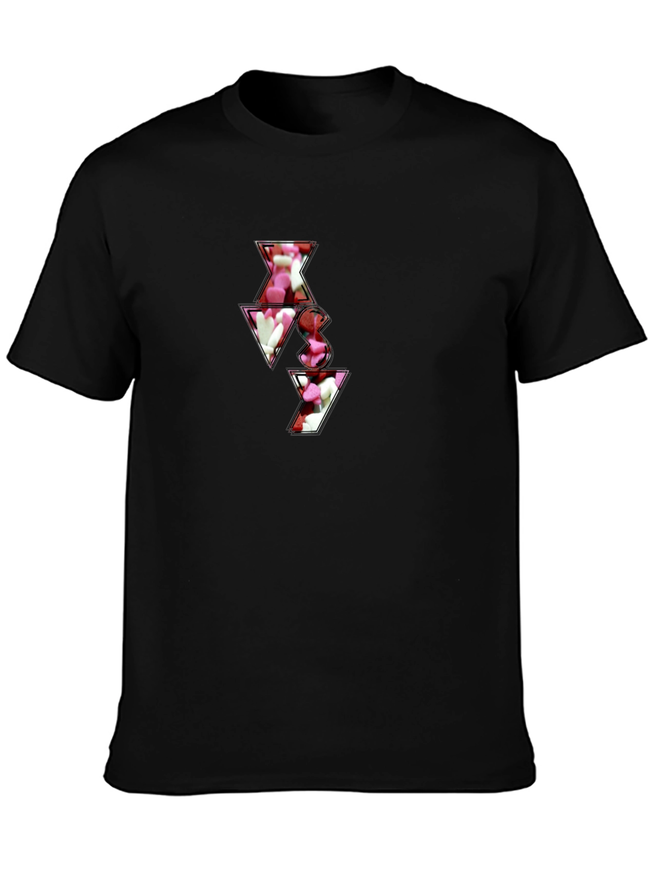 Black T-Shirt with Abstract Heart Candy Design