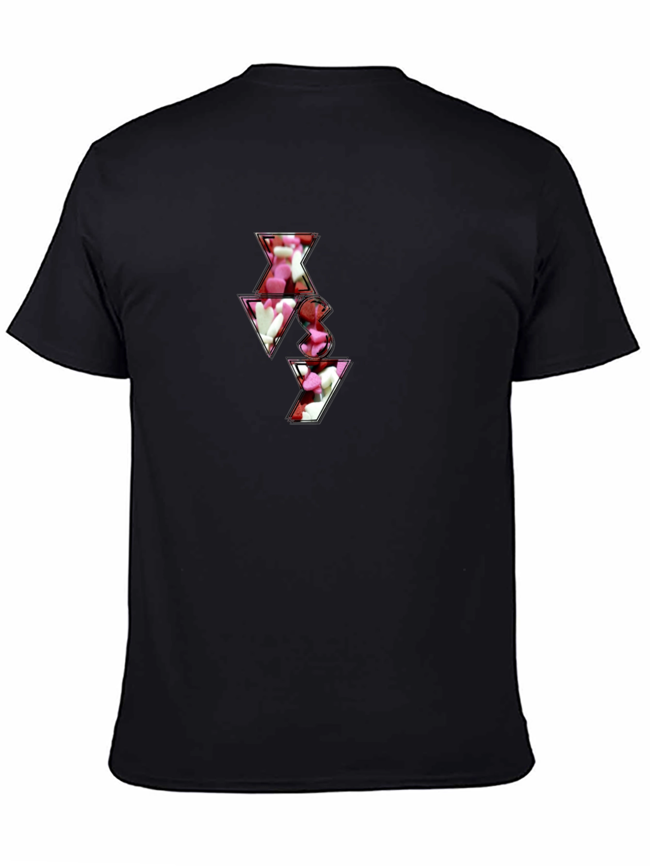Black T-Shirt with Abstract Heart Candy Design