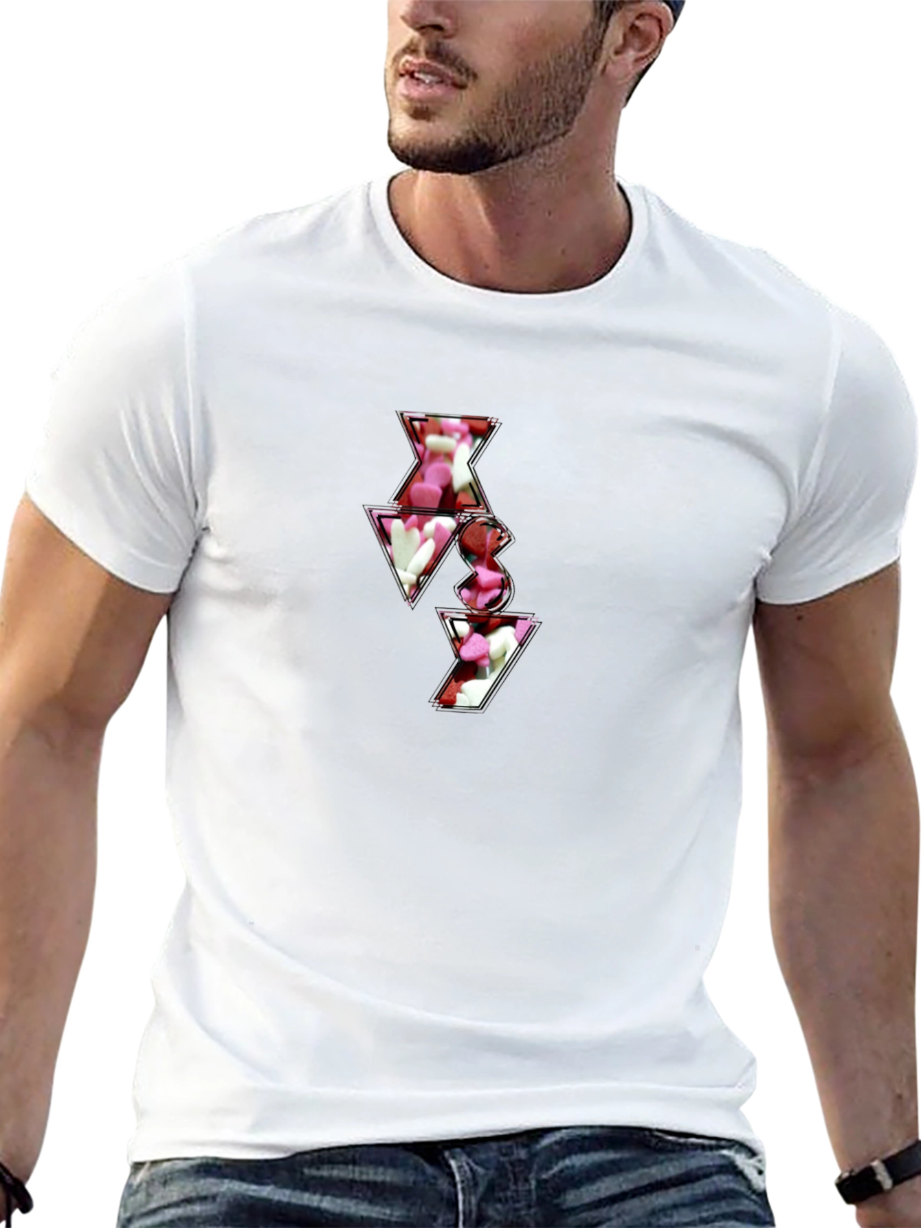 Black T-Shirt with Abstract Heart Candy Design