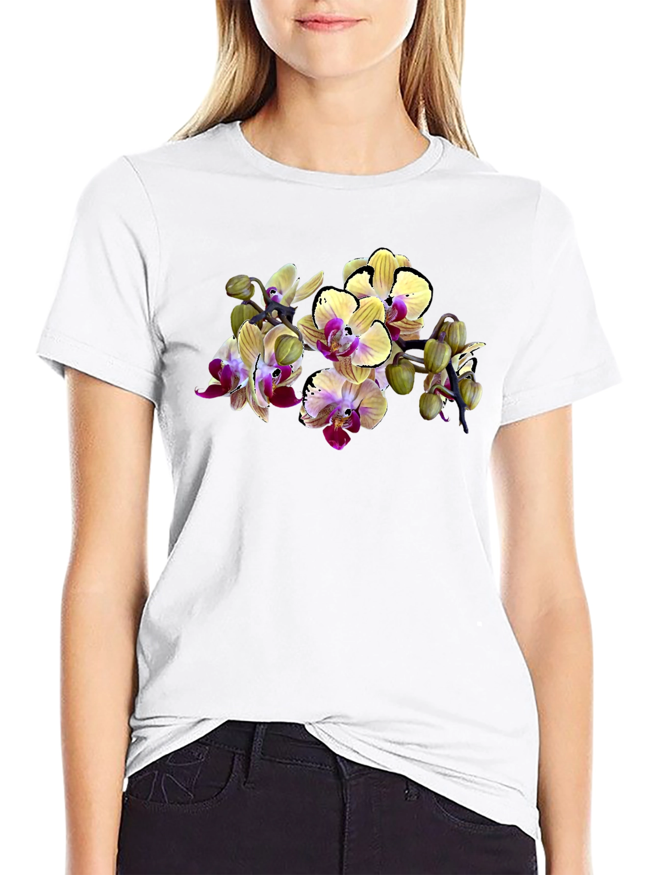 Orchid Print Black T-Shirt
