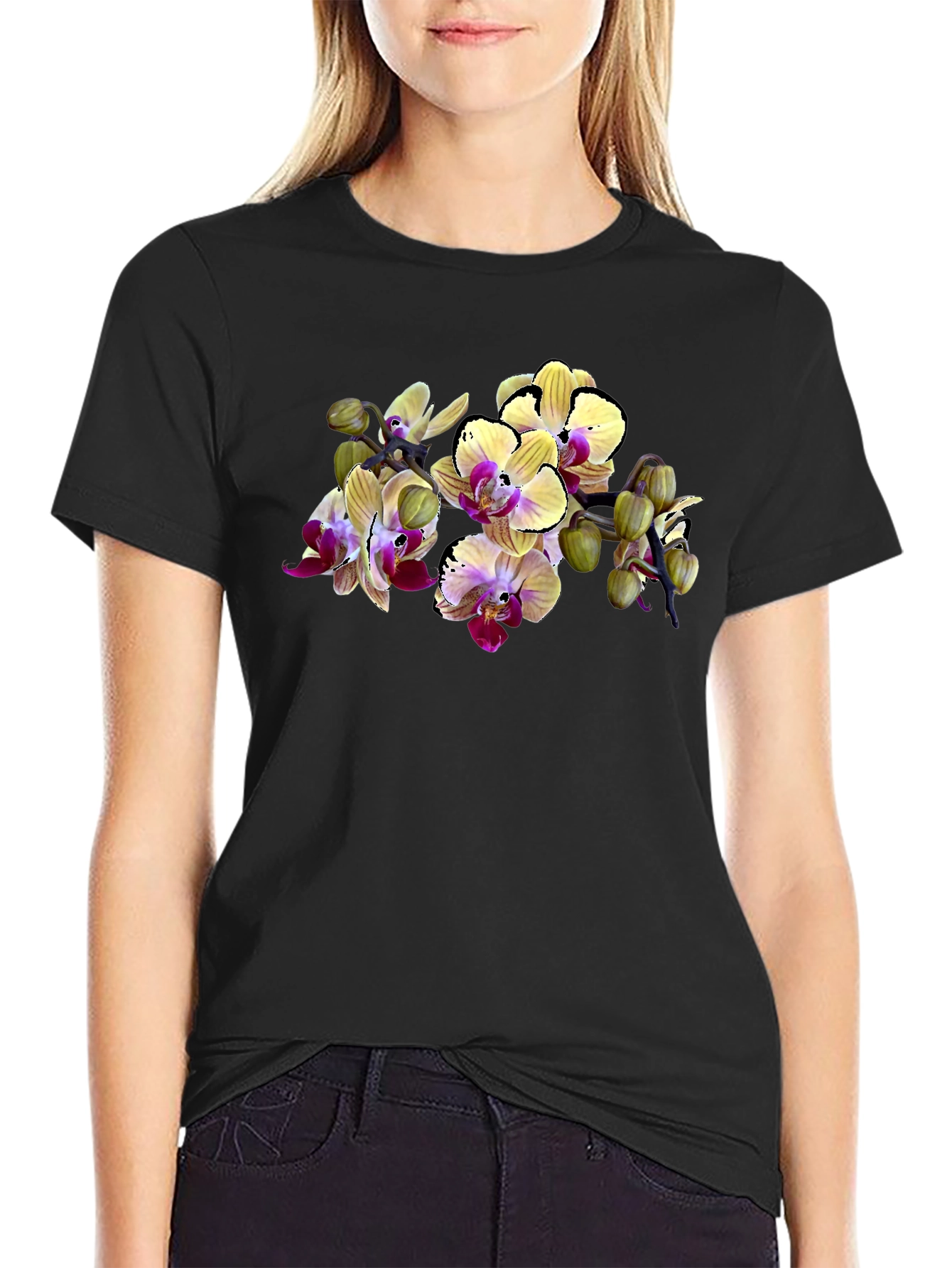 Orchid Print Black T-Shirt