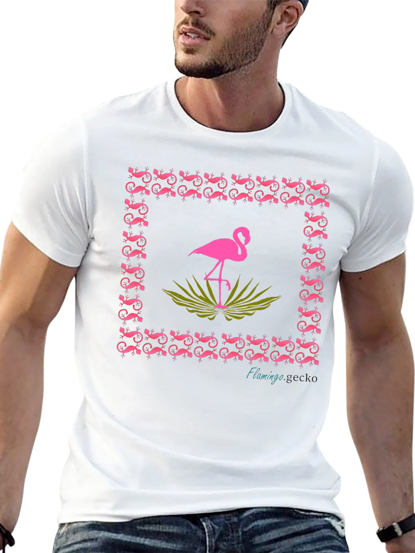 Flamingo Gecko Graphic Tee - Stylish Black Cotton T-Shirt