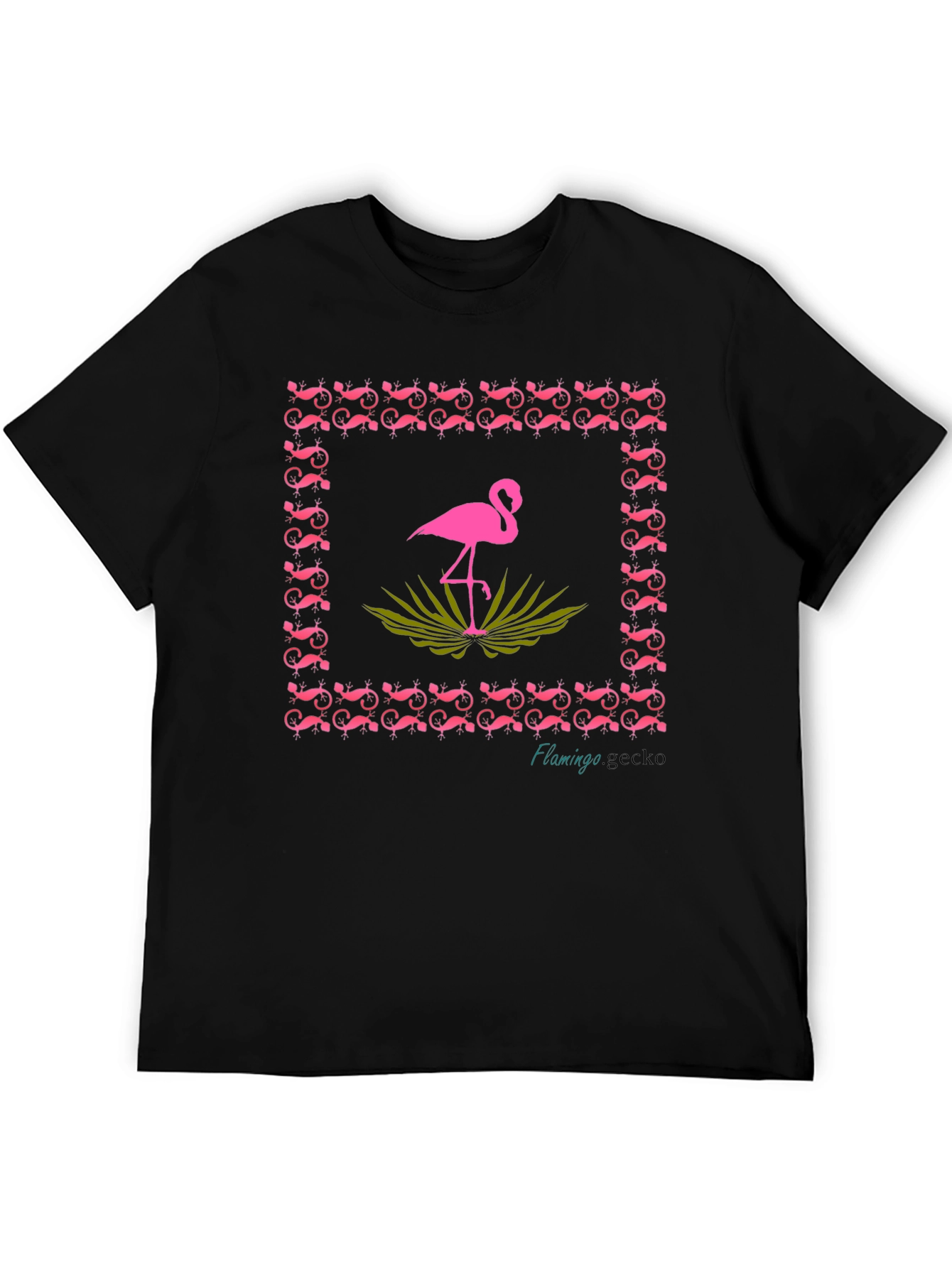 Flamingo Gecko Graphic Tee - Stylish Black Cotton T-Shirt