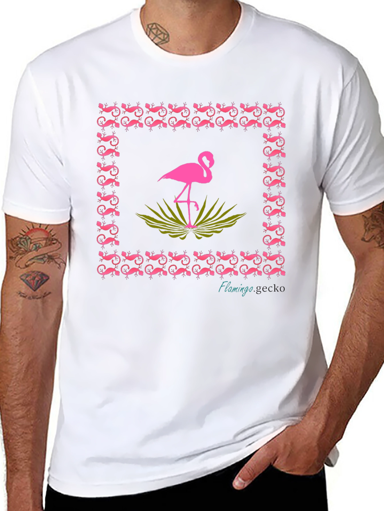 Flamingo Gecko Graphic Tee - Stylish Black Cotton T-Shirt