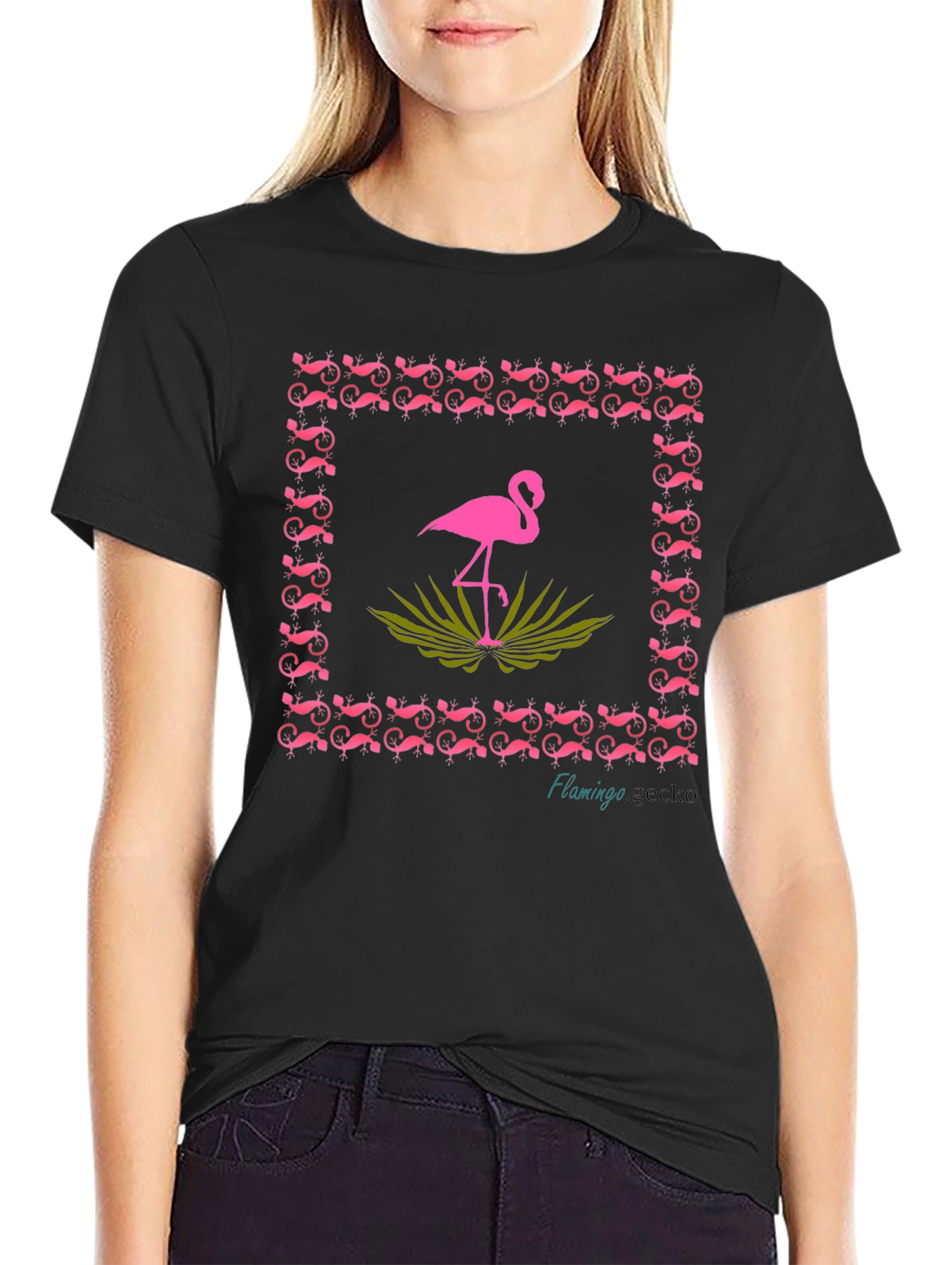 Flamingo Gecko Graphic Tee - Stylish Black Cotton T-Shirt