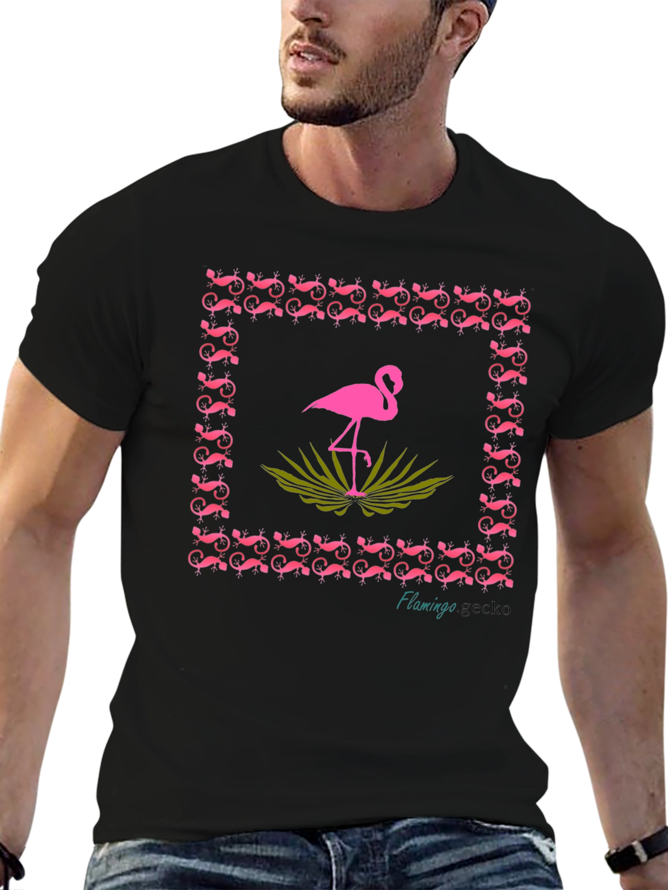 Flamingo Gecko Graphic Tee - Stylish Black Cotton T-Shirt