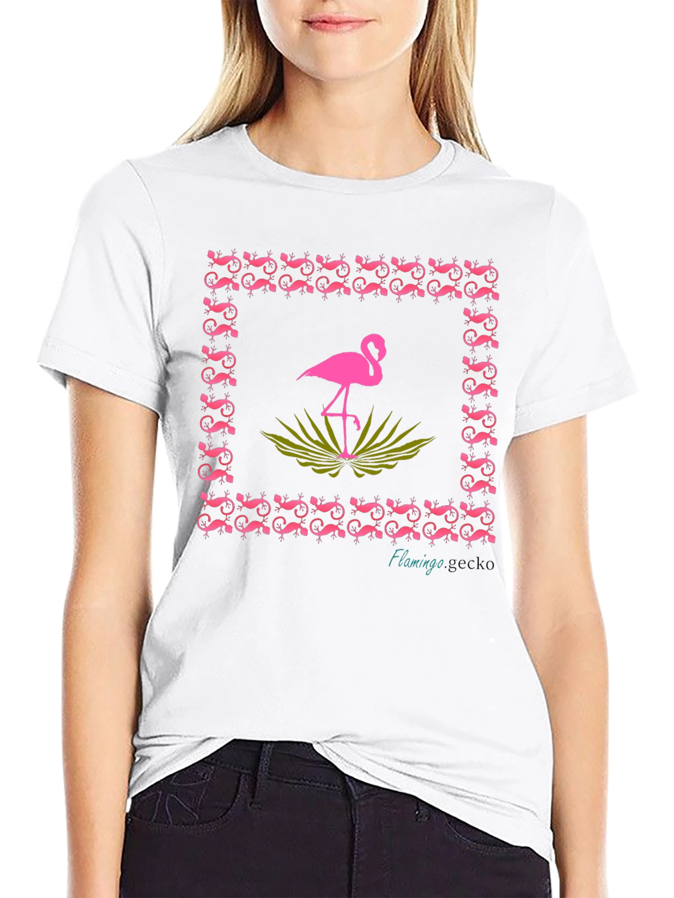 Flamingo Gecko Graphic Tee - Stylish Black Cotton T-Shirt