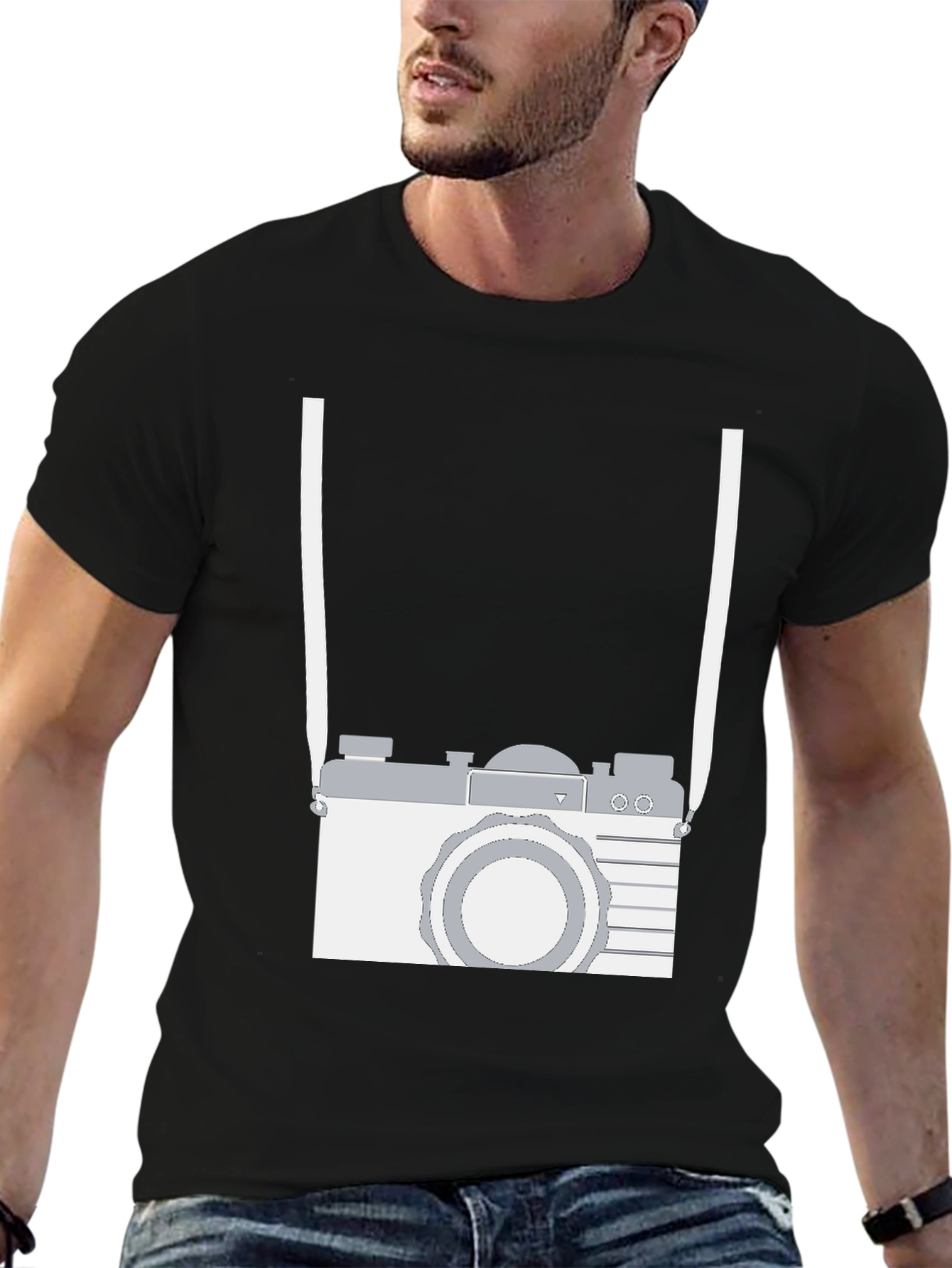 Retro Camera Graphic Tee - Black Cotton Casual Shirt
