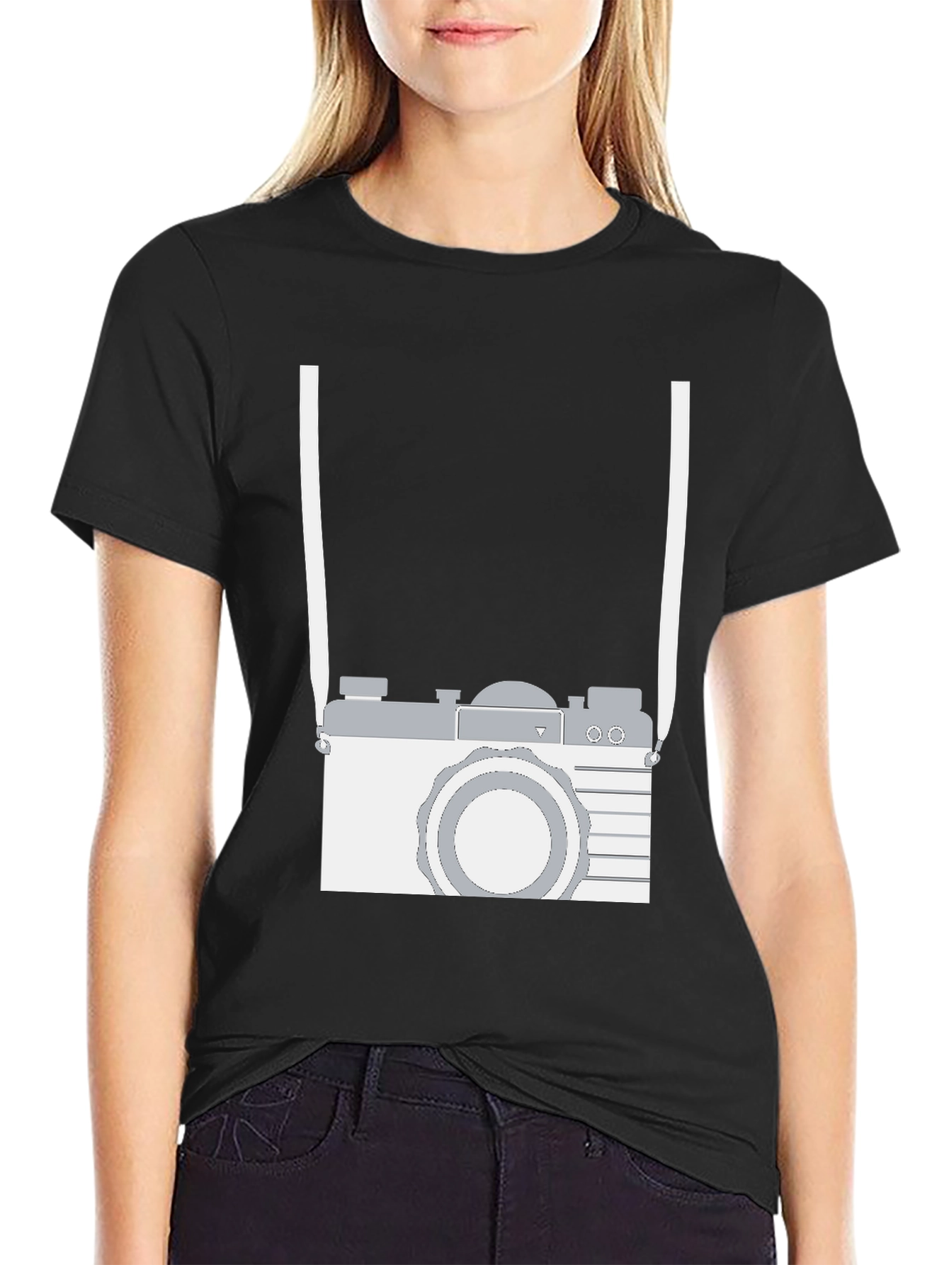 Retro Camera Graphic Tee - Black Cotton Casual Shirt