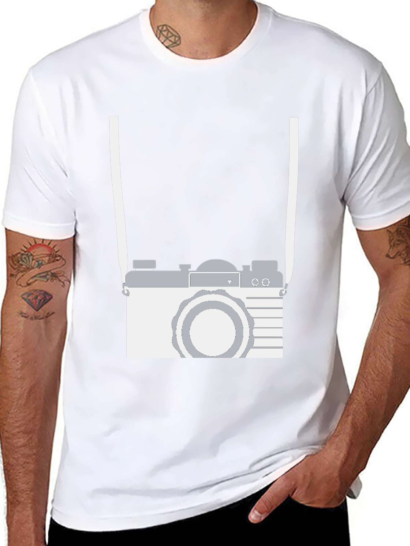 Retro Camera Graphic Tee - Black Cotton Casual Shirt