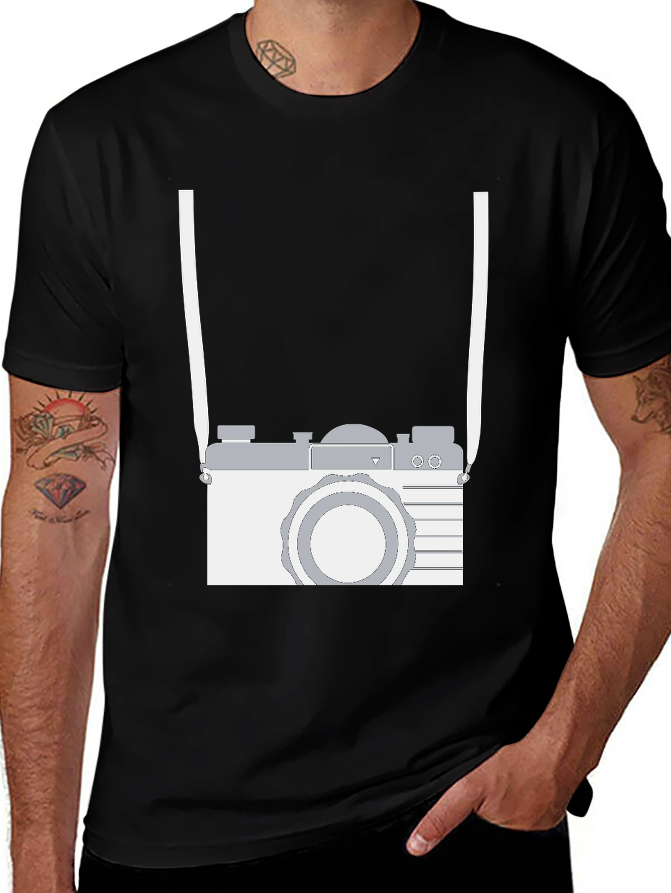 Retro Camera Graphic Tee - Black Cotton Casual Shirt