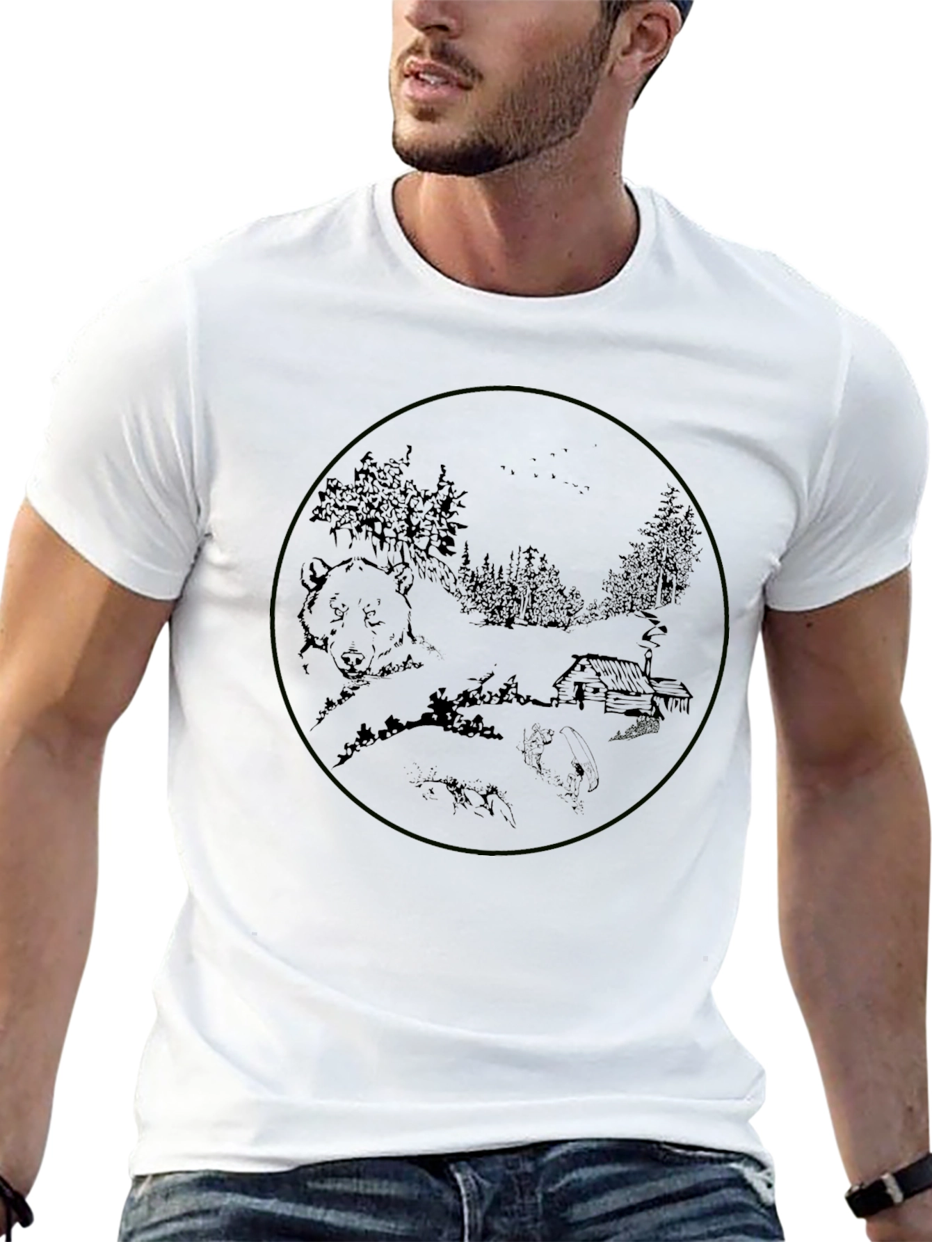 Black T-Shirt with Bear & Cabin Graphic