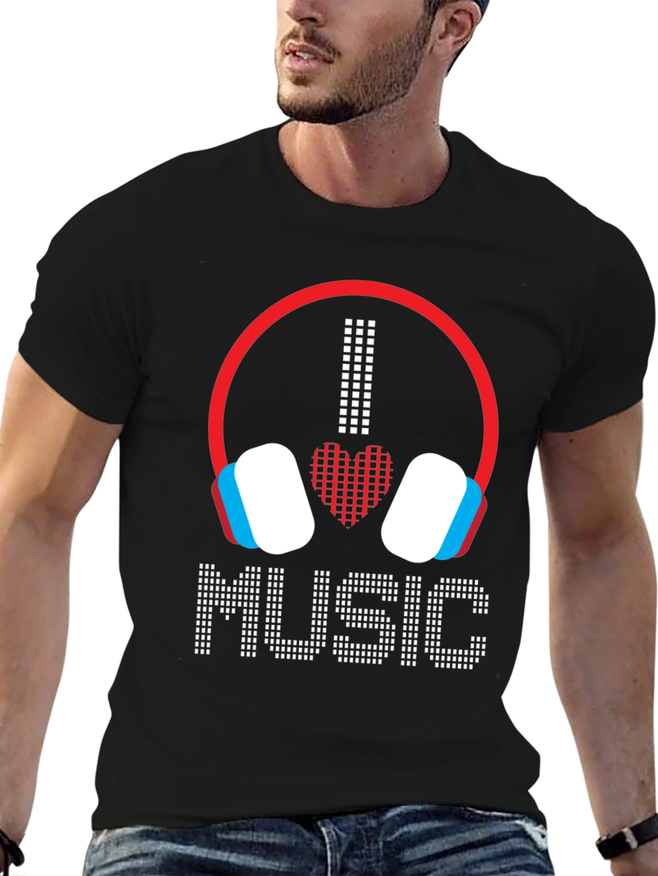 I Love Music Graphic Tee - Headphones Heart Design