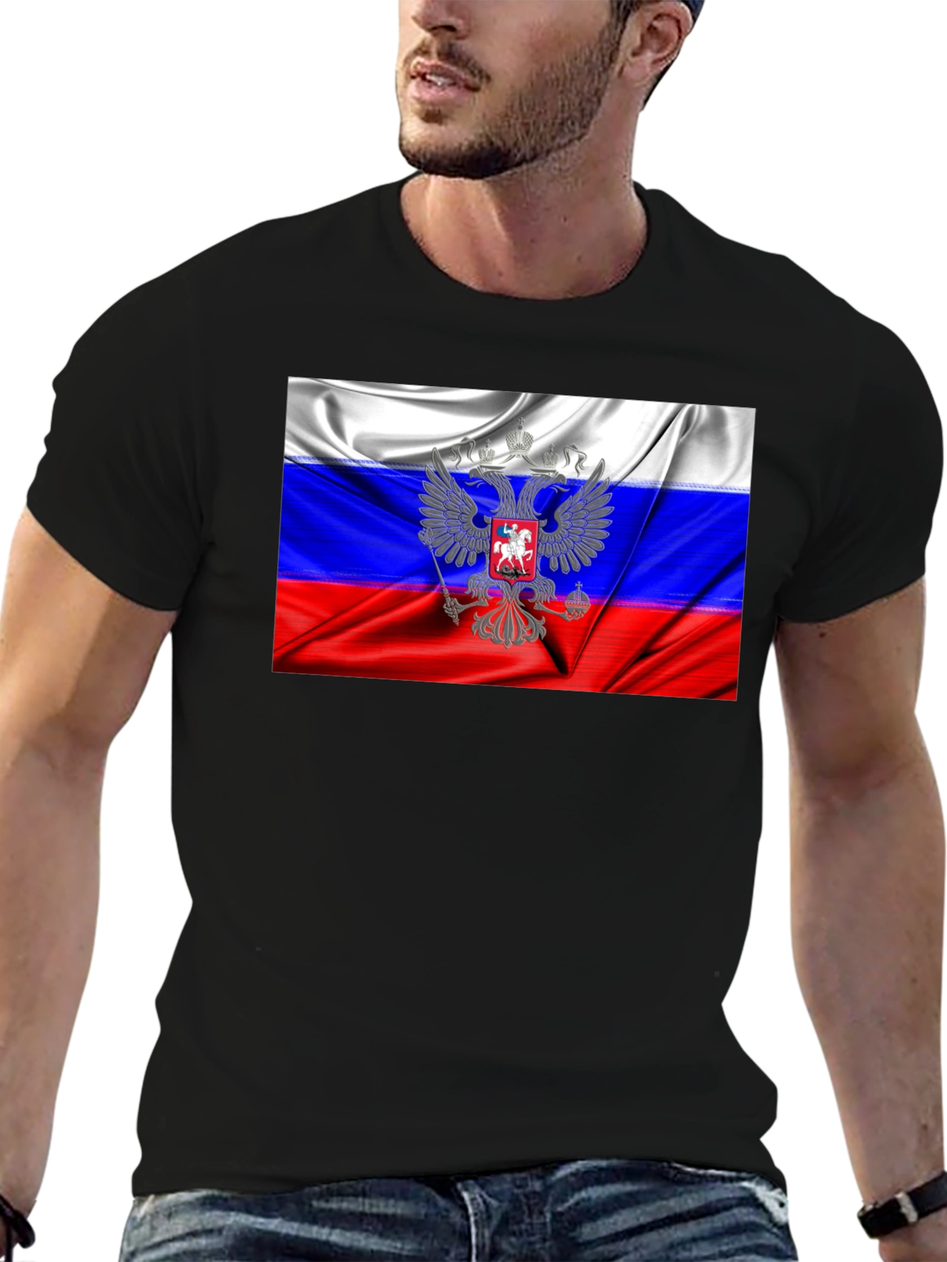 Russia Flag Graphic Tee - Black Cotton T-Shirt