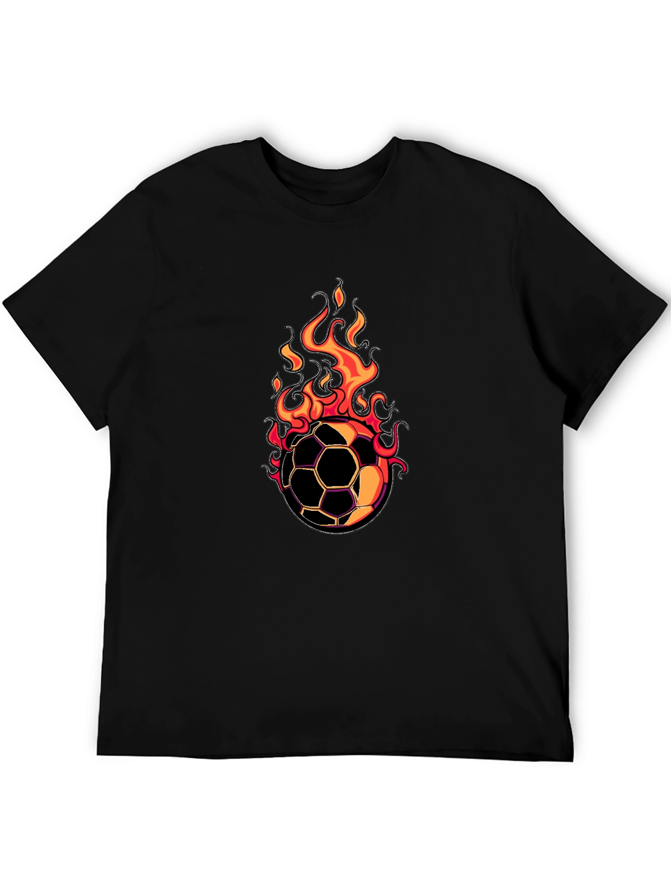 Flaming Soccer Ball Graphic Tee - Black Cotton Shirt