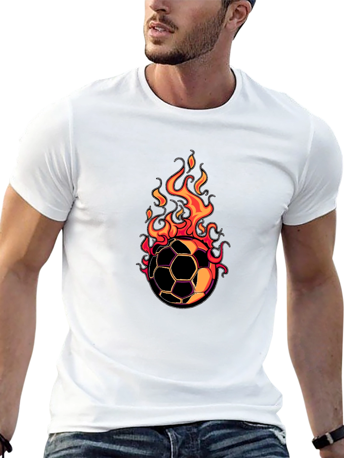 Flaming Soccer Ball Graphic Tee - Black Cotton Shirt
