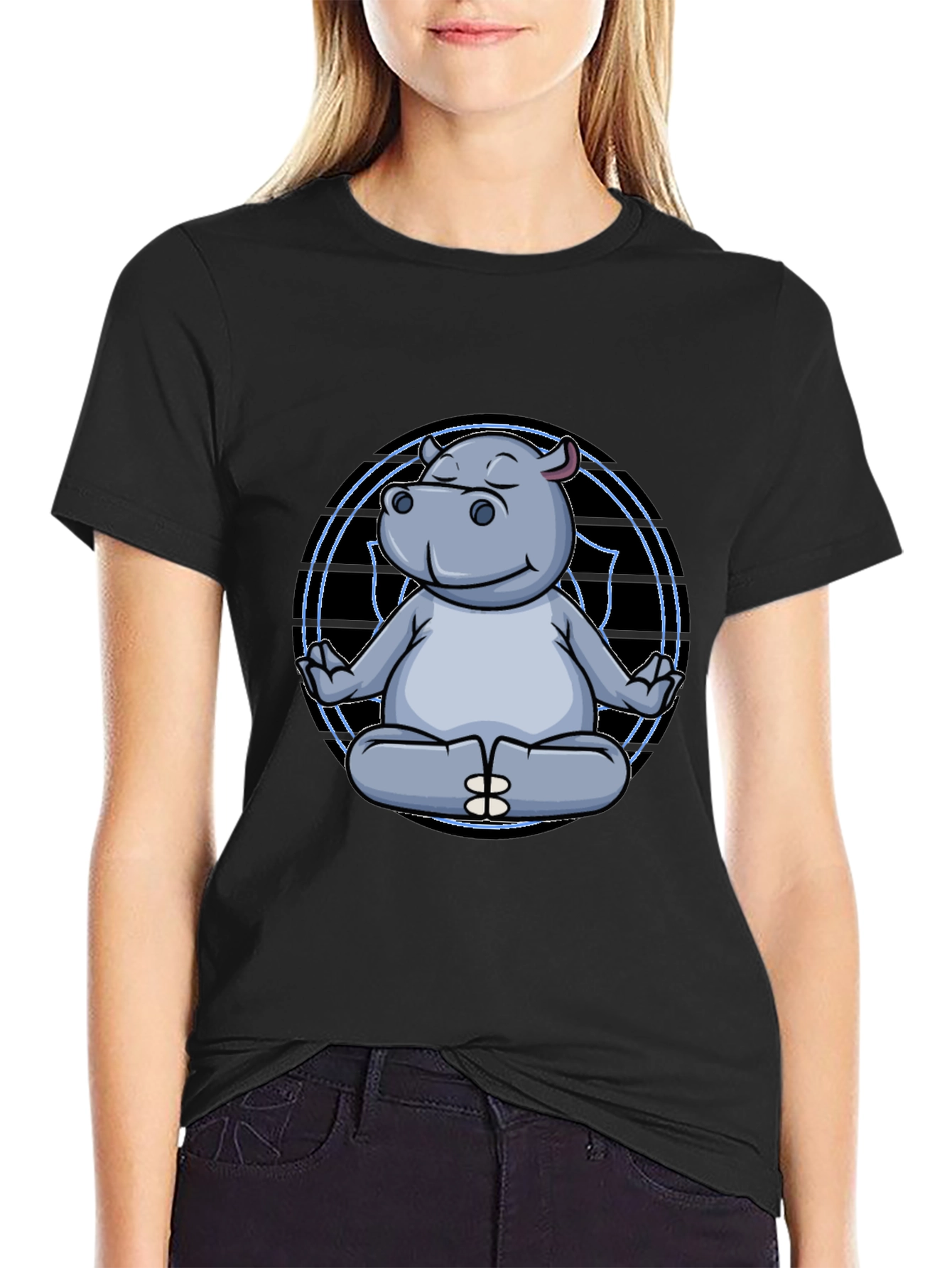 Zen Hippo Black T-Shirt - Meditating Animal Tee