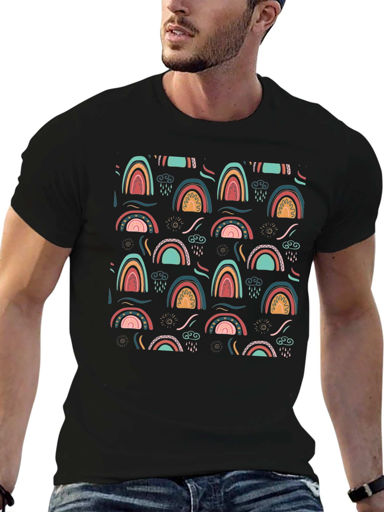 Rainbow Pattern Graphic Tee - Black