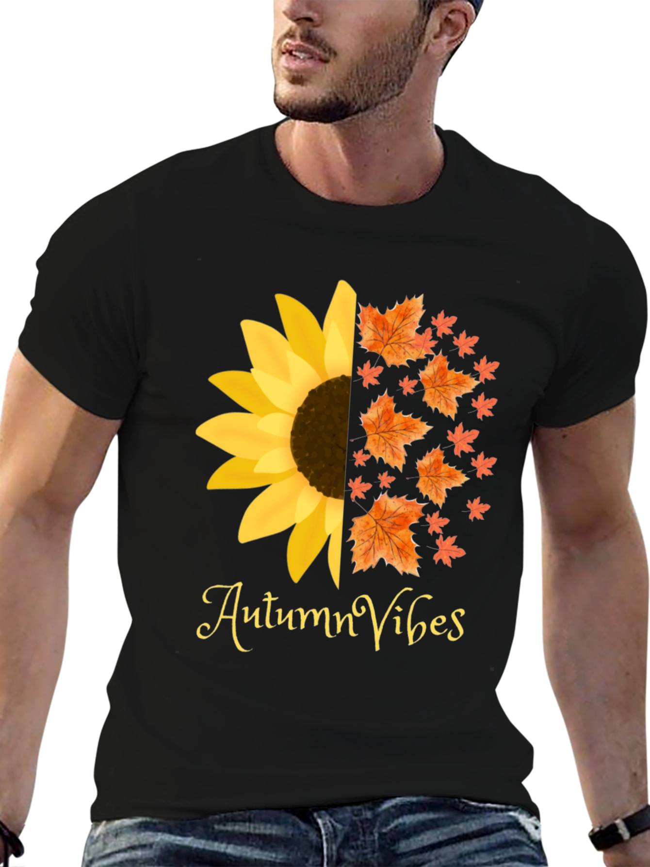 Autumn Vibes Graphic Tee - Sunflower Fall Leaves Design