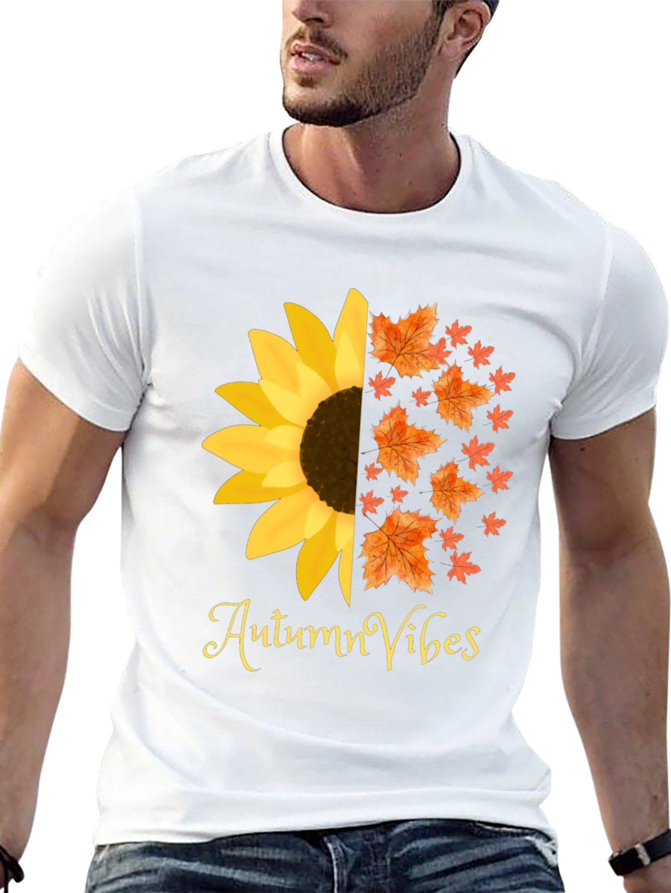 Autumn Vibes Graphic Tee - Sunflower Fall Leaves Design