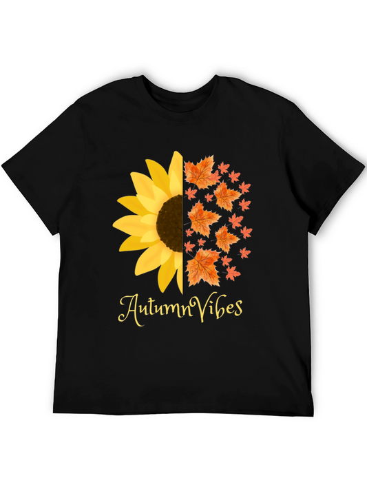 Autumn Vibes Graphic Tee - Sunflower Fall Leaves Design